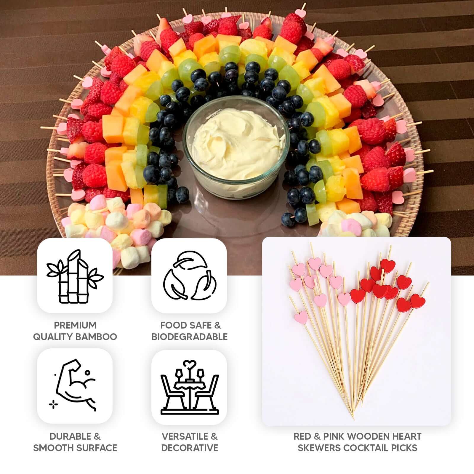 100-Pack Bamboo Cocktail Sticks Heart Design Eco Friendly Red/Pink - Biodegradable Fruit Appetizer Party Picks 5