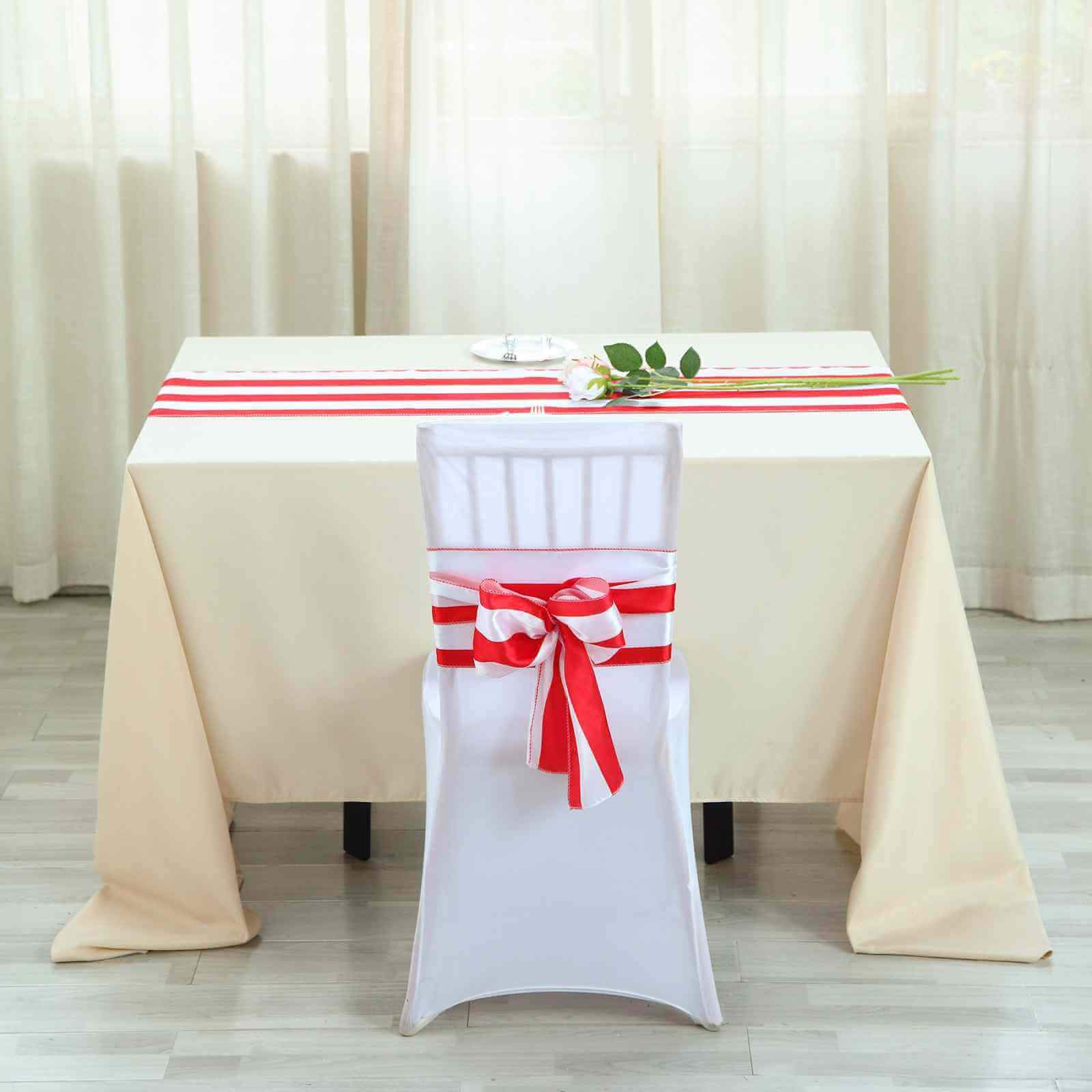 5 Pack Satin 6x108 Chair Sashes Red/White Stripes - Sophisticated Decor for Weddings & Gatherings