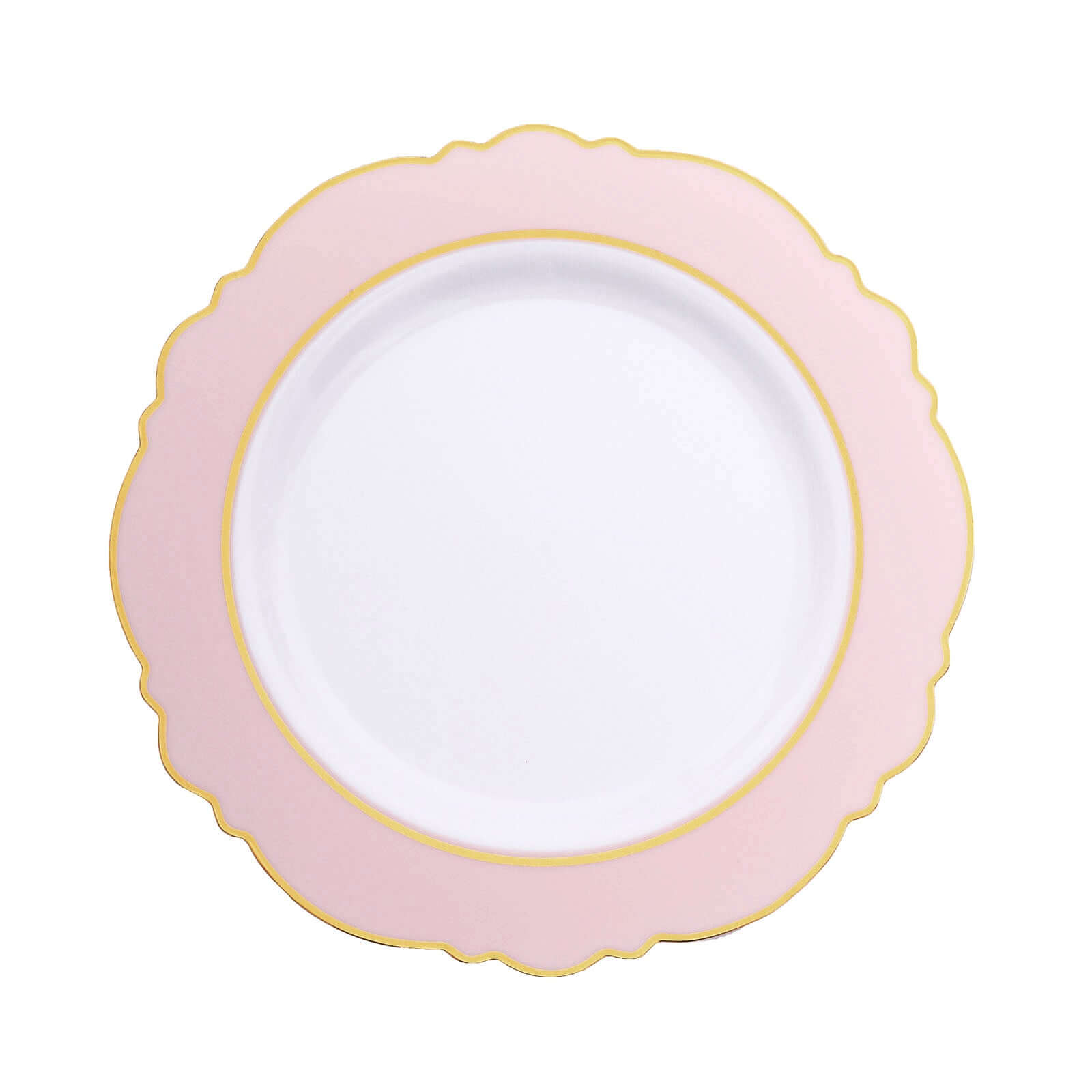 10-Pack Plastic 10 Round Dinner Plates in White with Blush Blossom Design & Gold Edging - Disposable Party Plates