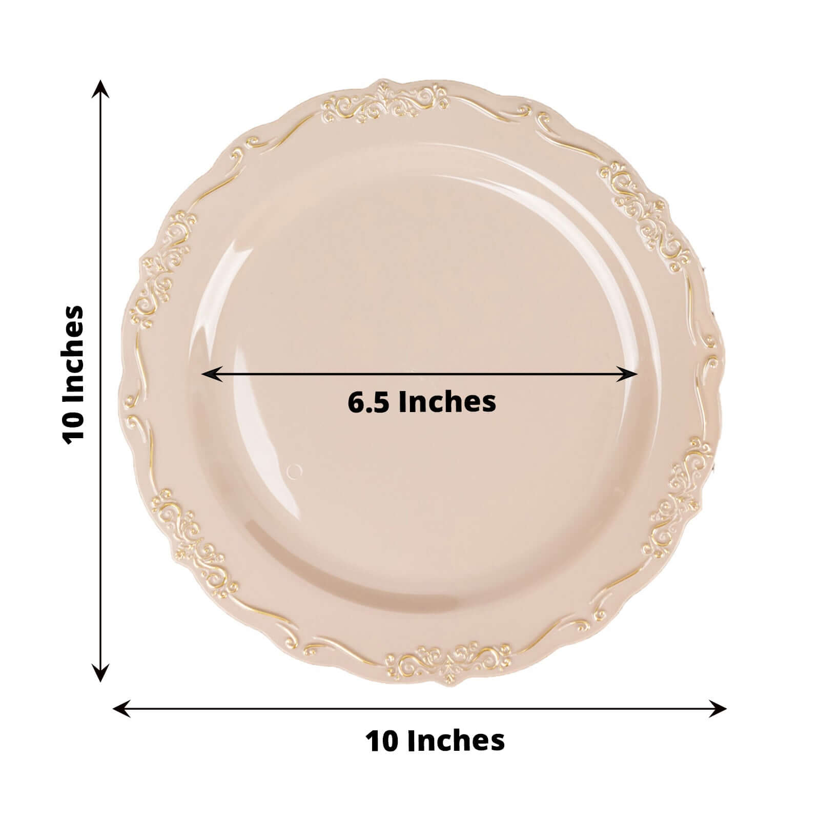 10-Pack Plastic 10 Round Dinner Plates in Taupe with Gold Vintage Embossed Rim - Sturdy Disposable Scalloped Edge Party Plates