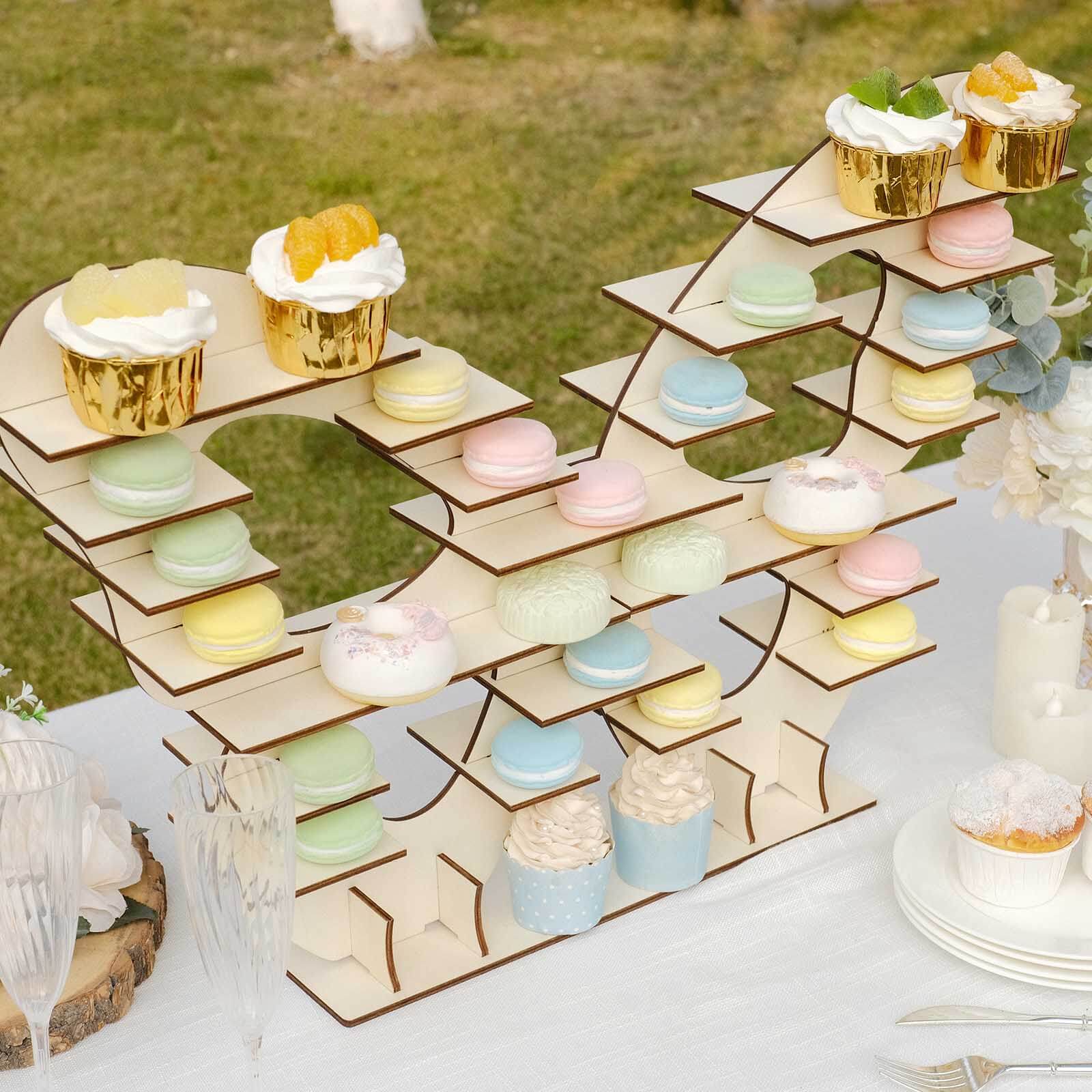 7-Tier Wooden Dessert Display Stand Butterfly Shaped Design Natural - Double Sided Cupcake Holder Shelf Rack 25