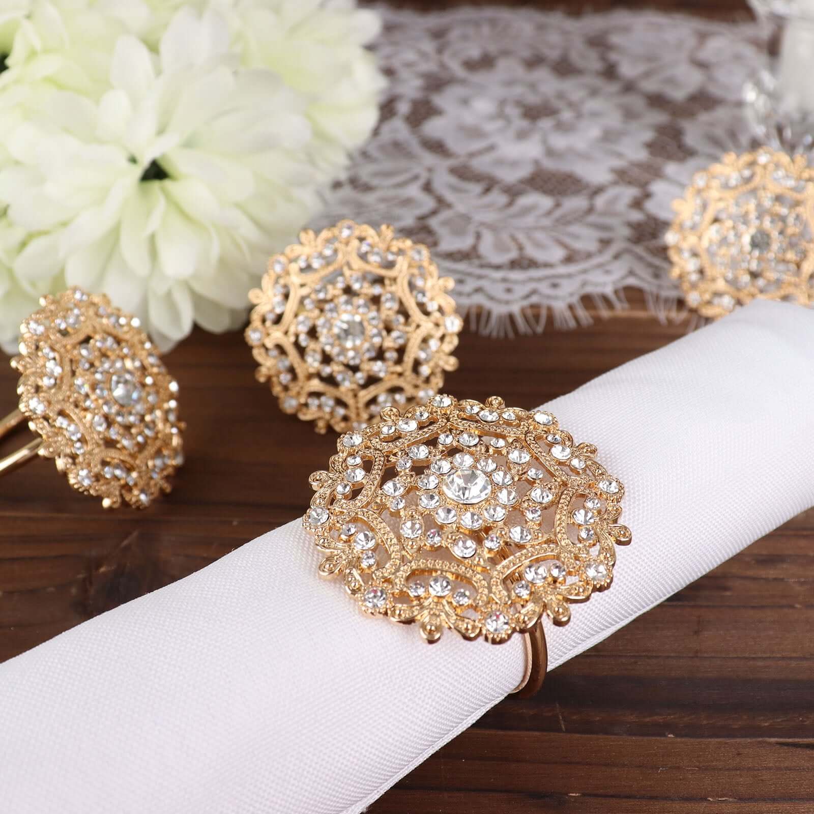 4 Pack Diamond Rhinestone Gold Metal Flower Napkin Rings, Decorative Napkin Buckle Holders