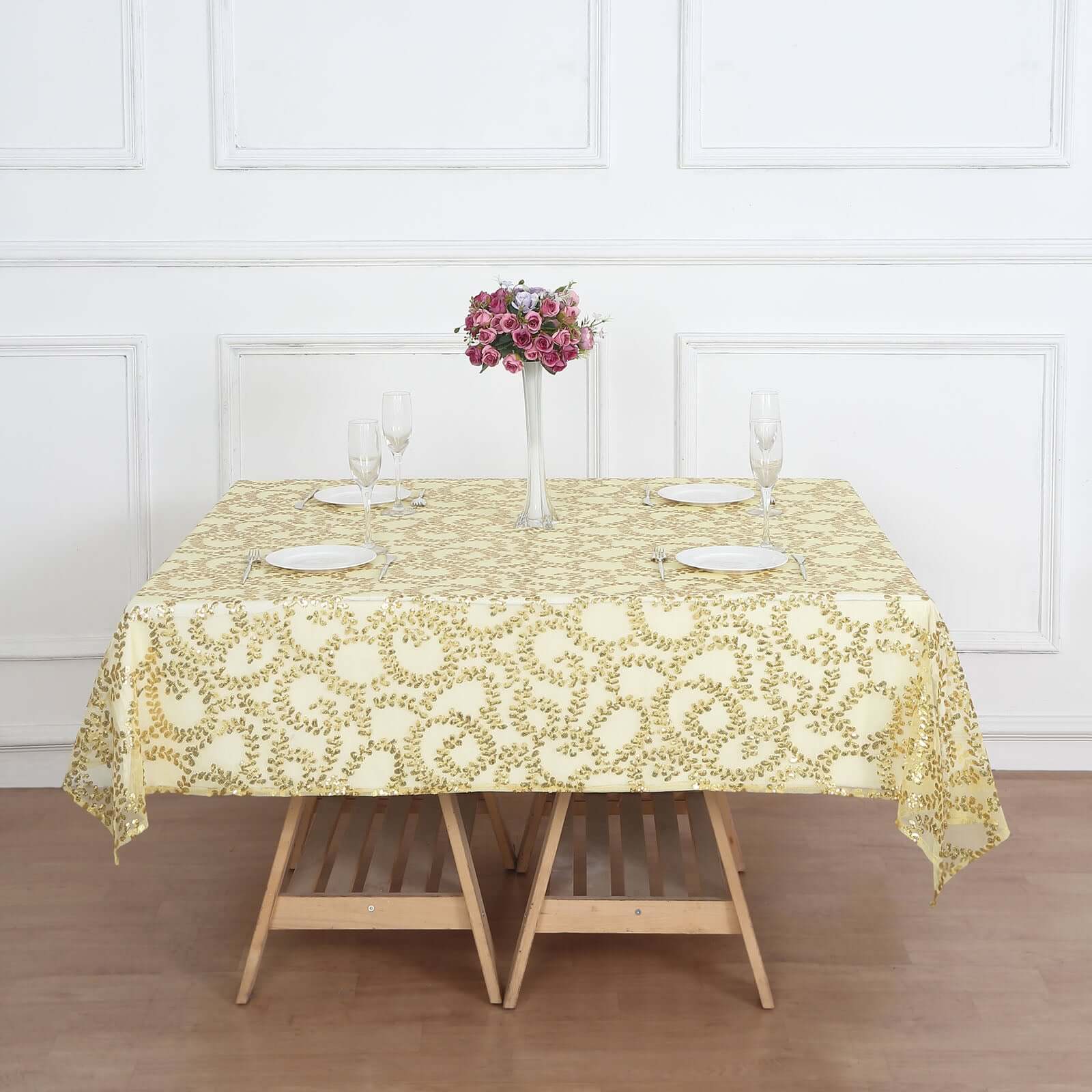 Tulle 72x72 Table Overlay Square Tablecloth Gold - Sequin Leaf Embroidered Design for Stylish Occasions