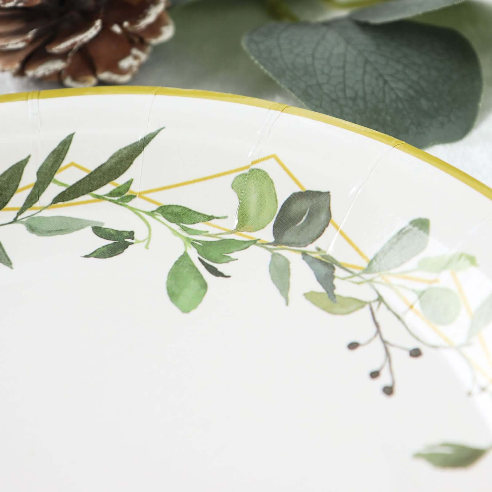 24-Pack Paper 7 Round Dessert Plates in White with Eucalyptus Leaves & Gold Rim - Disposable 300GSM Salad Plates for Garden Weddings & Celebrations