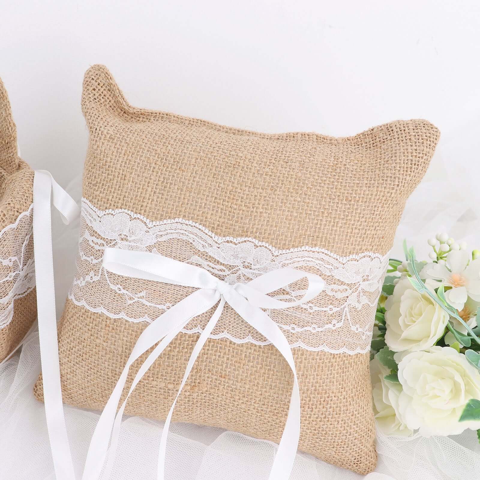 1 Set Natural Burlap and Lace Flower Girl Petal Basket and Ring Bearer Pillow Wedding Set