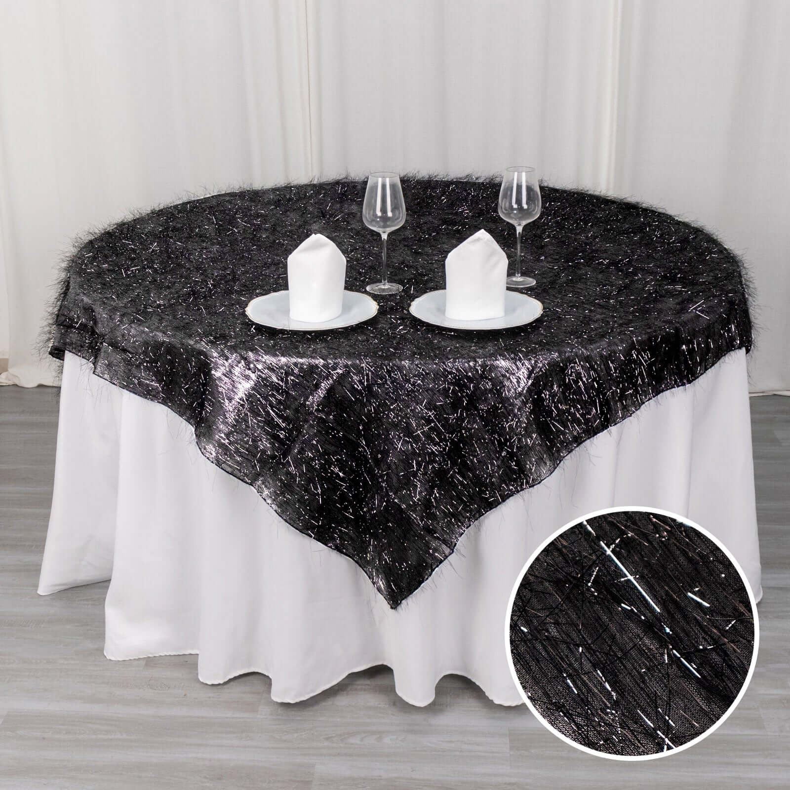 Polyester 72x72 Table Overlay Square Tablecloth Black - Metallic Fringe Shag Tinsel Table Cover