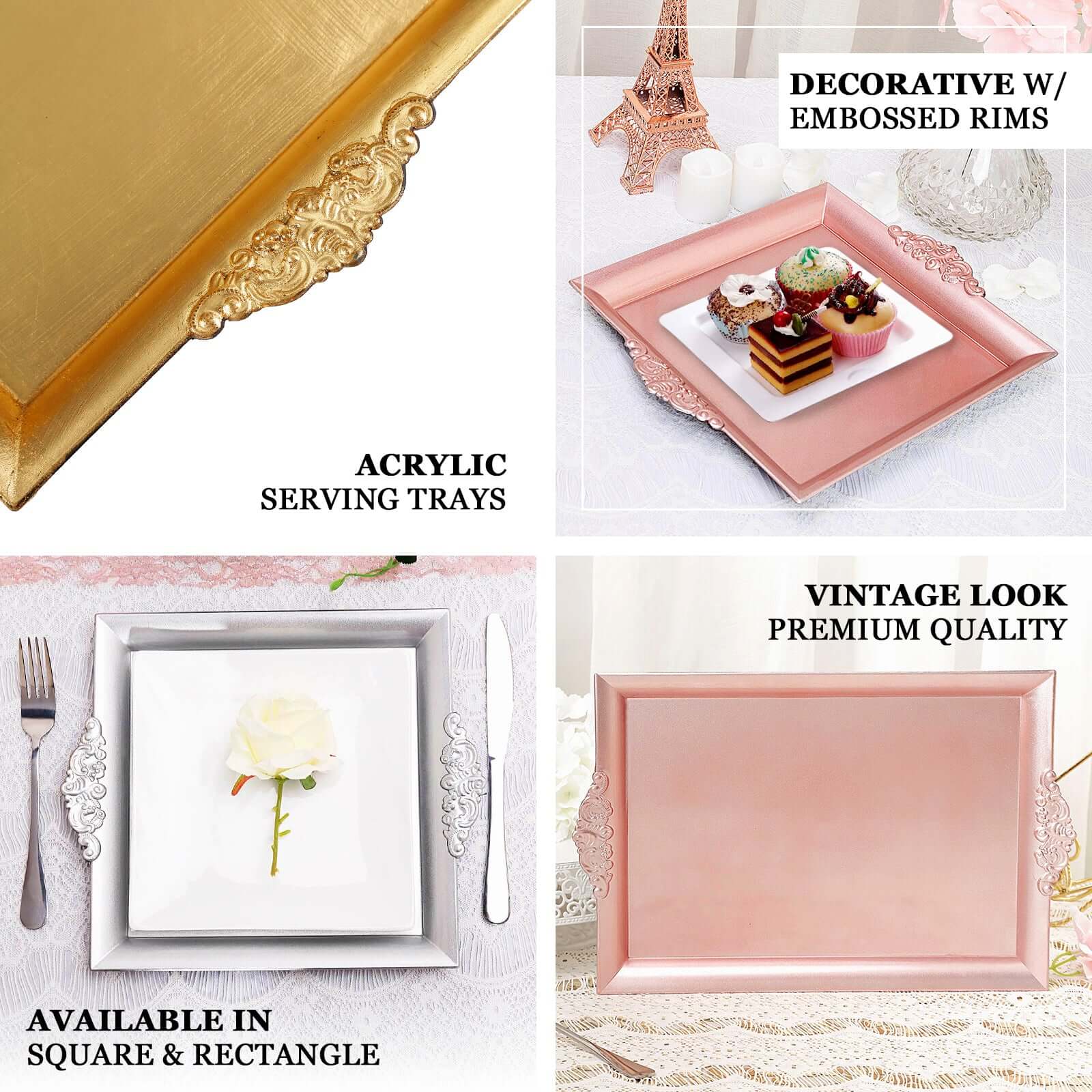 2-Pack Acrylic Rectangle Serving Trays 14x10 in Gold with Embossed Handles, Sleek Decorative Dinner Party Food Platters