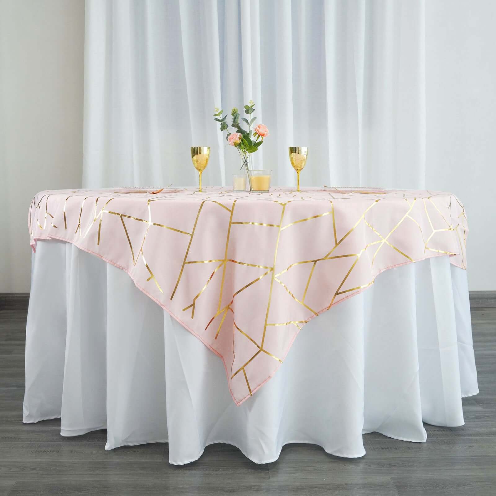 Polyester 54x54 Table Overlay Square Tablecloth Blush with Gold Foil Geometric Pattern - Wrinkle-Resistant & Durable Table Topper