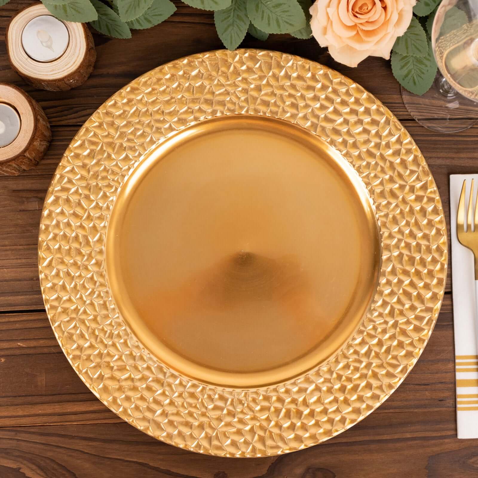 6-Pack Acrylic Round Charger Plates 13 in Metallic Gold with Hammered Rim, Plastic Decorative Dinner Party Charger Tableware