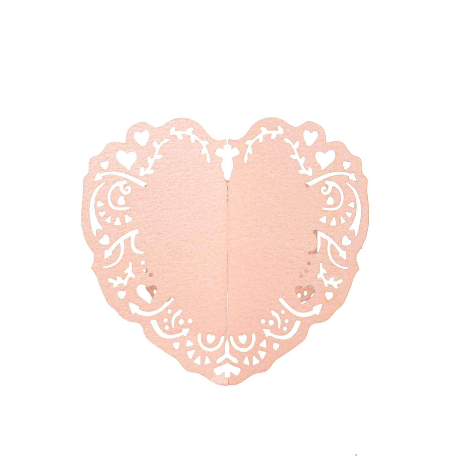 12 Pack Blush Shimmery Laser Cut Heart Paper Napkin Holders with Lace Pattern, Disposable Napkin Rings Bands