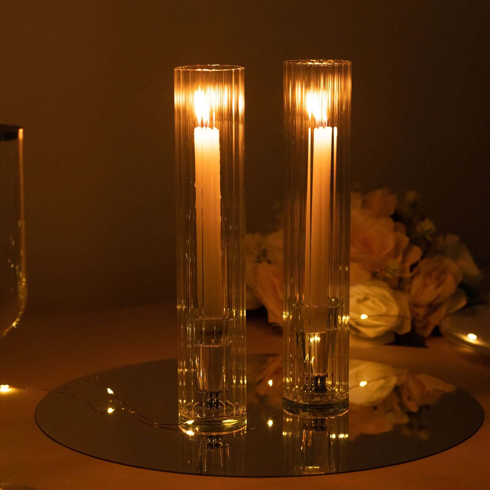 2-Pack Clear Ribbed Glass Hurricane Shades Open End Design - Stylish Candelabra Pillar Candle Holder Table Centerpiece 10