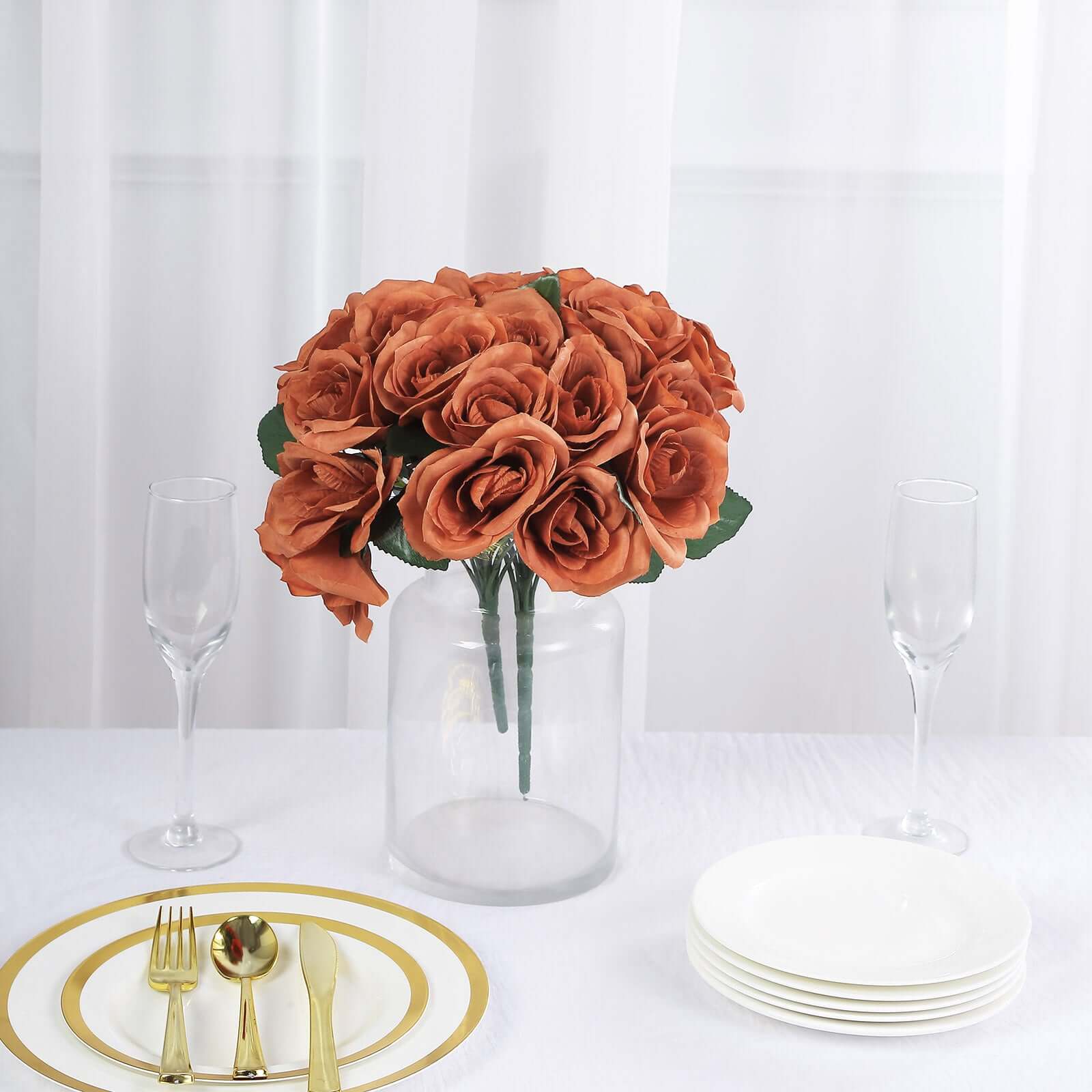 12 Terracotta (Rust) Artificial Velvet-Like Fabric Rose Flower Bouquet Bush