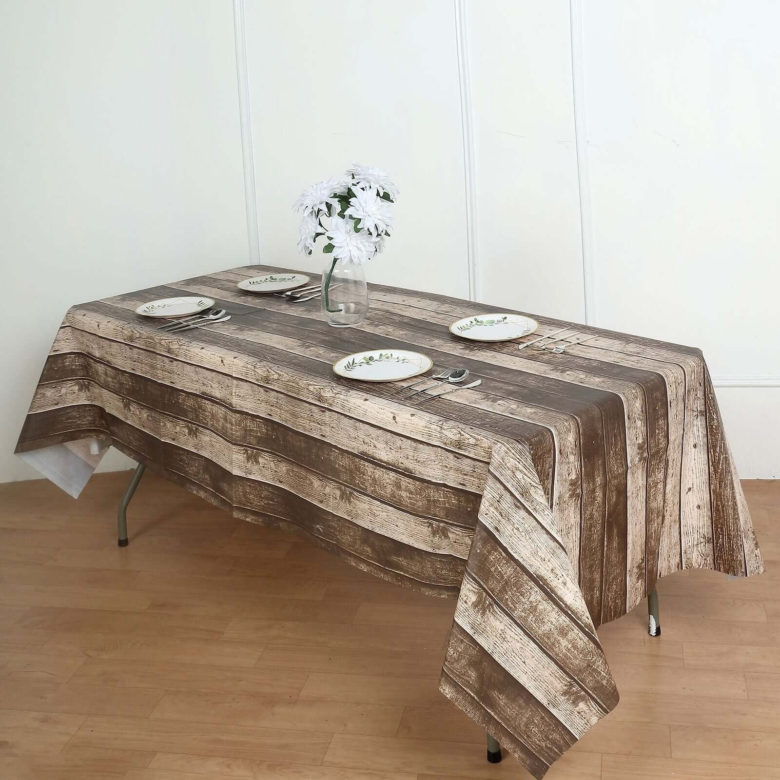 5-Pack Plastic Tablecloths Charcoal Gray Rectangle with Rustic Wooden Print - Stylish PVC Disposable Covers 52x108