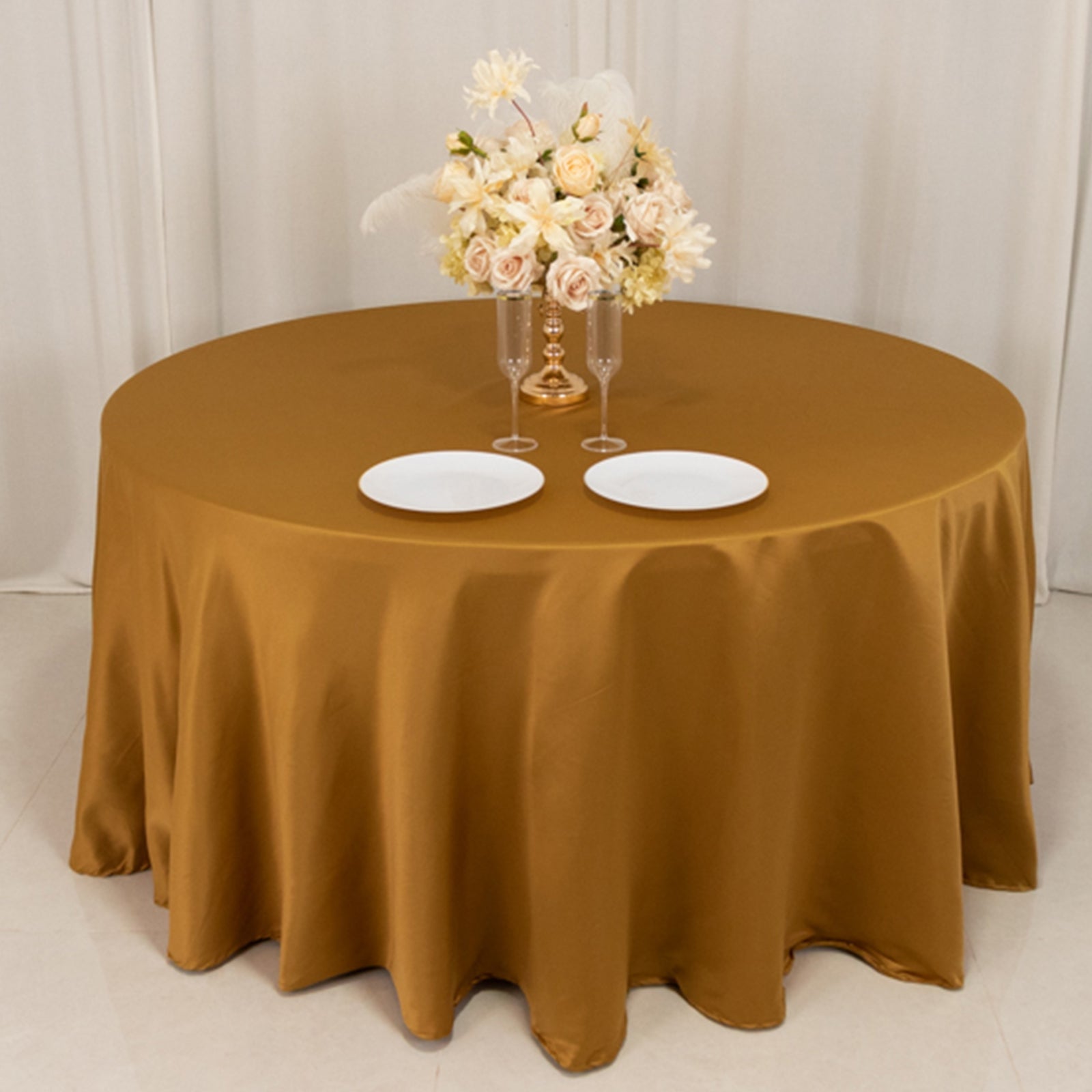 Lamour Satin 120 Round Tablecloth Gold - Seamless Table Cover with Soft Tempered Sheen for Upscale Gatherings