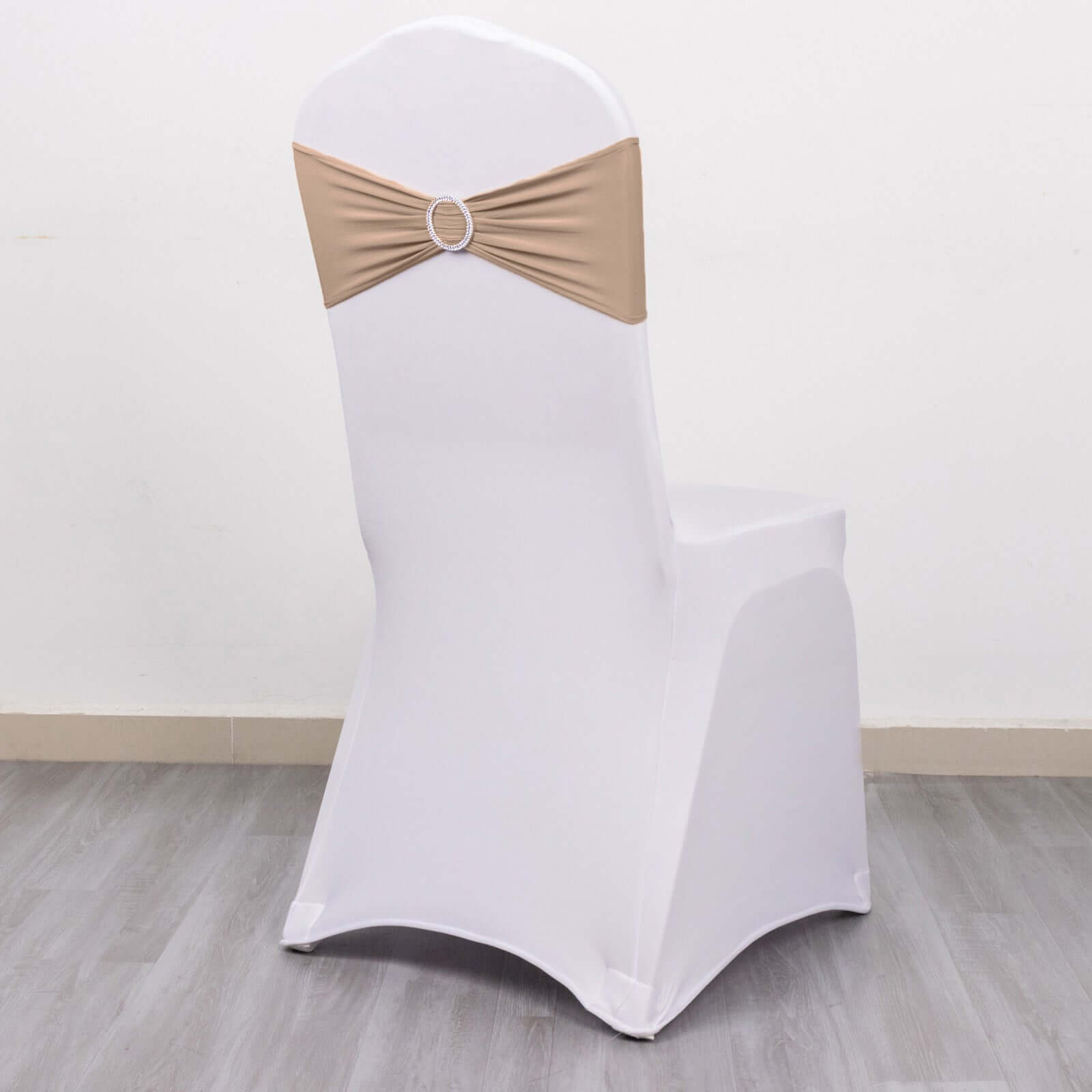 5 Pack Stretch Spandex Chair Sashes Nude - Reusable Chair Bands with Silver Diamond Ring Slide Buckle 5x14