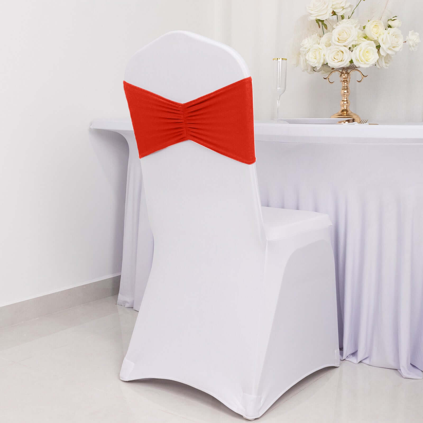 5 Pack Spandex Chair Sashes Red Ruffled Style - Wide Easy to Use Stretch Chair Bands 8x13