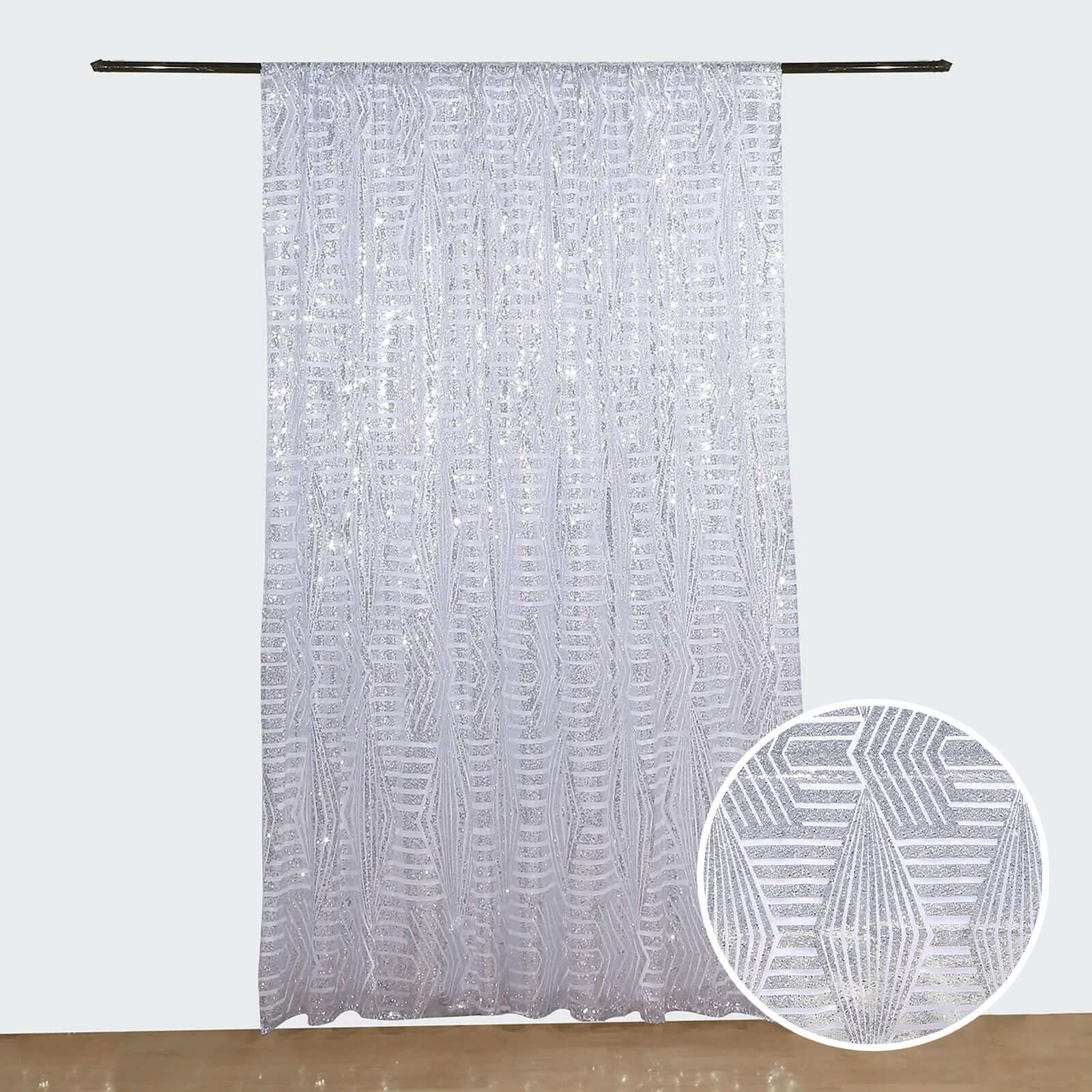 8ftx8ft Silver Geometric Sequin Event Curtain Drapes with Satin Backing, Seamless Opaque Sparkly Backdrop Event Panel in Diamond Glitz Pattern