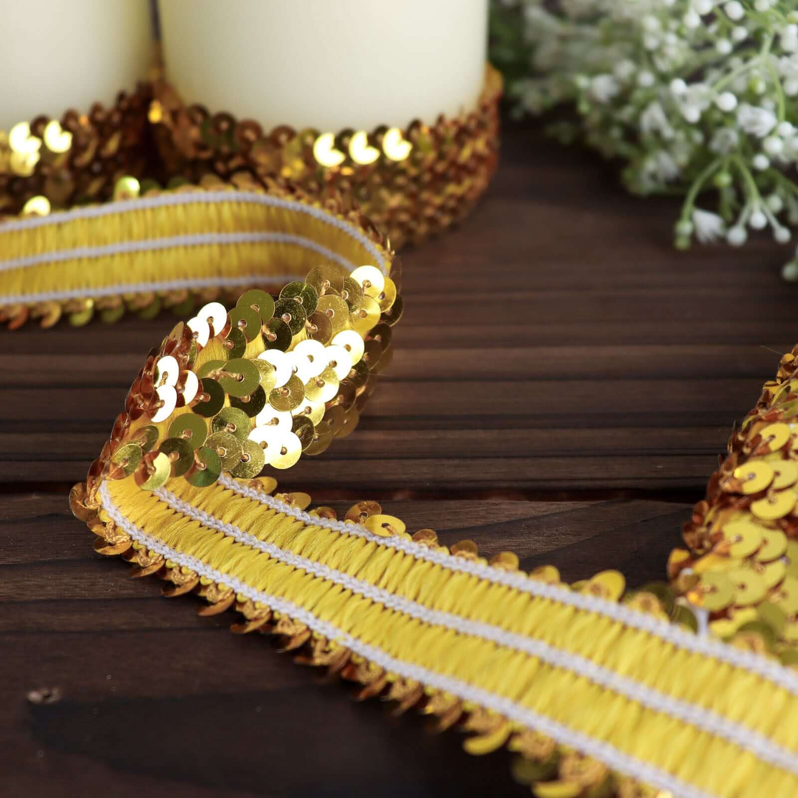 1x10 Yards Metallic Gold Sequin Stretch Fabric Ribbon, Elastic Lace Trim, Shiny Glitter Craft Fabric