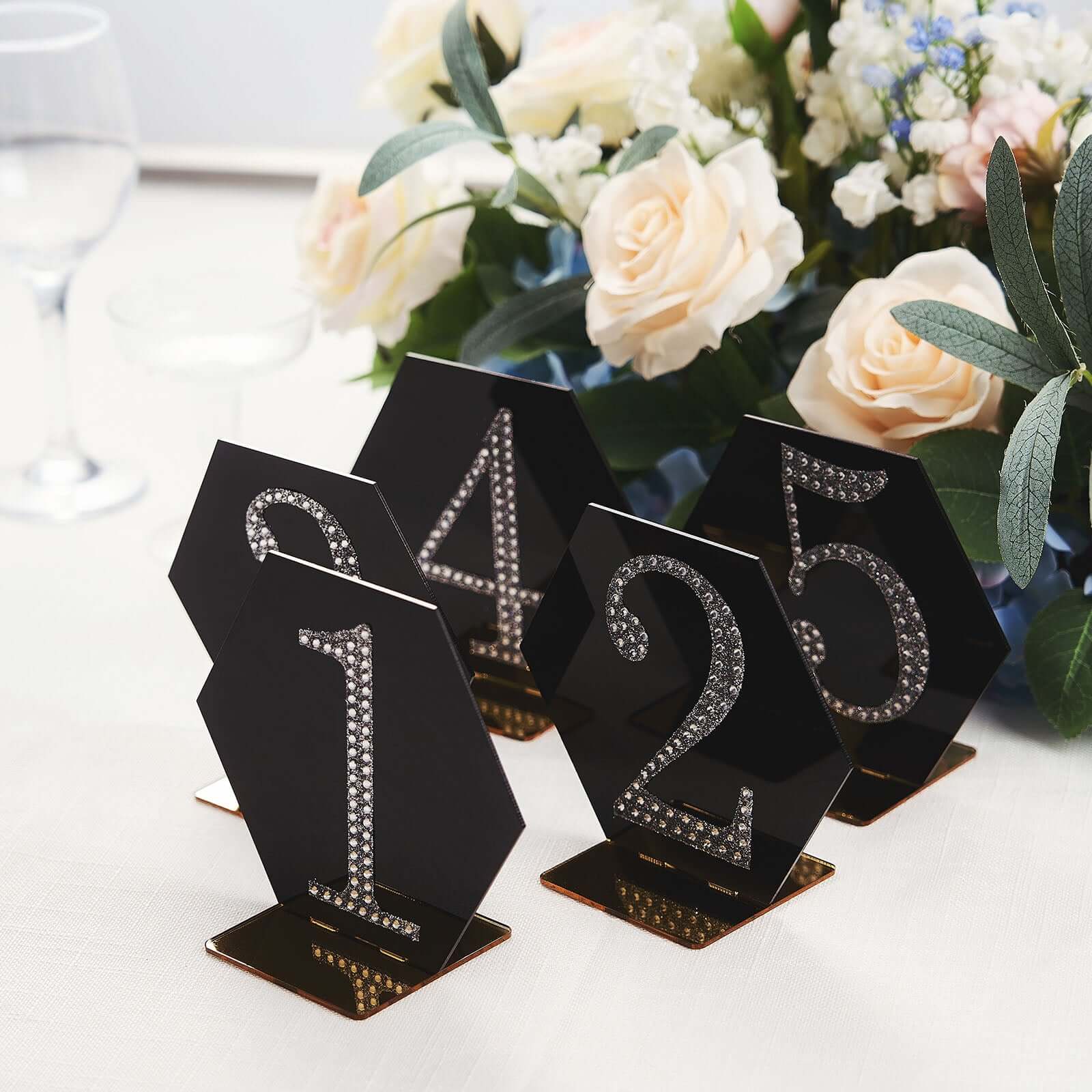 5-Pack Acrylic Table Sign Holders Hexagon Design Black/Gold - Ideal for Modern Event Centerpieces 5