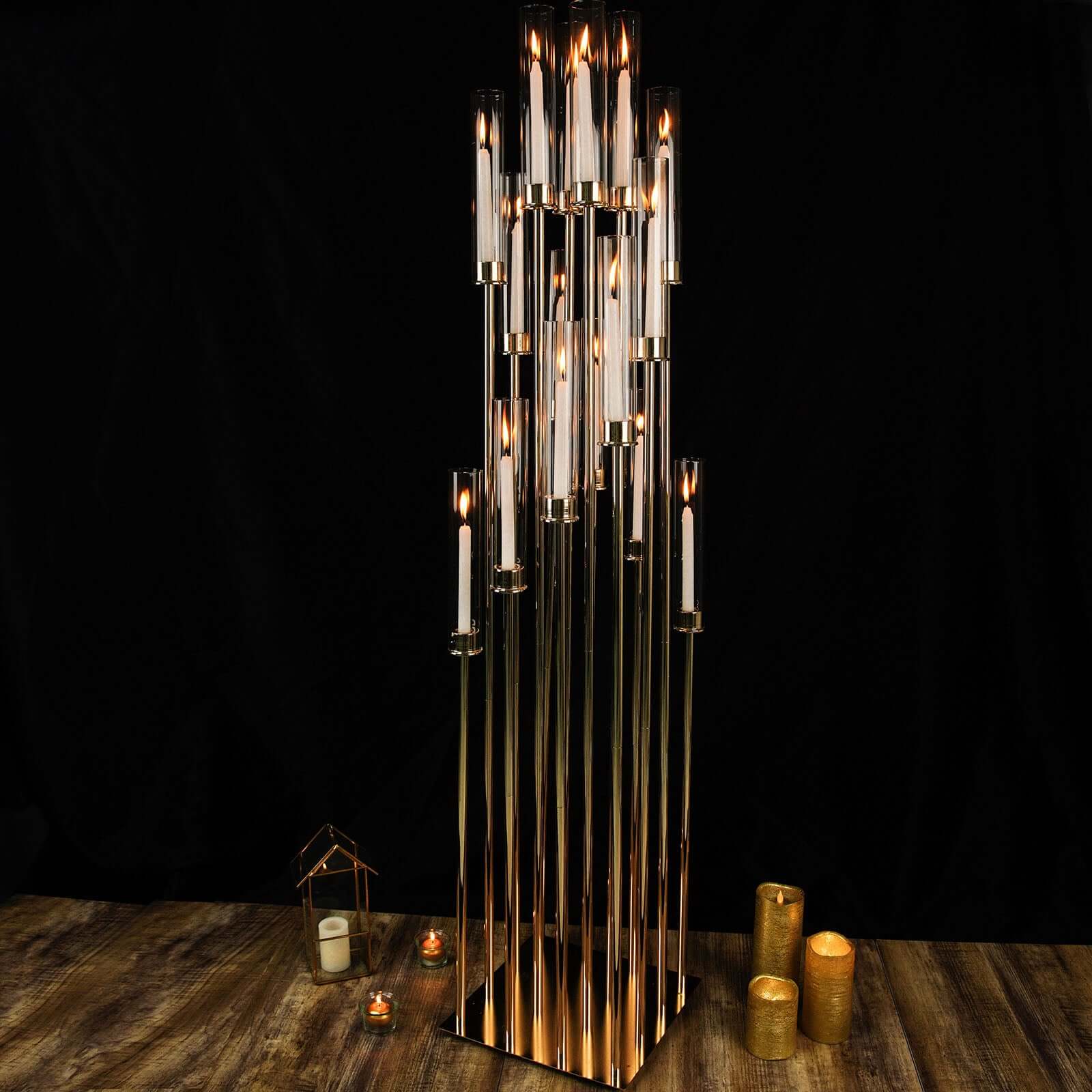 16-Arm Cluster Taper Candle Holder Gold with Clear Glass Shades - Stunning Large Candle Display for Venues 78