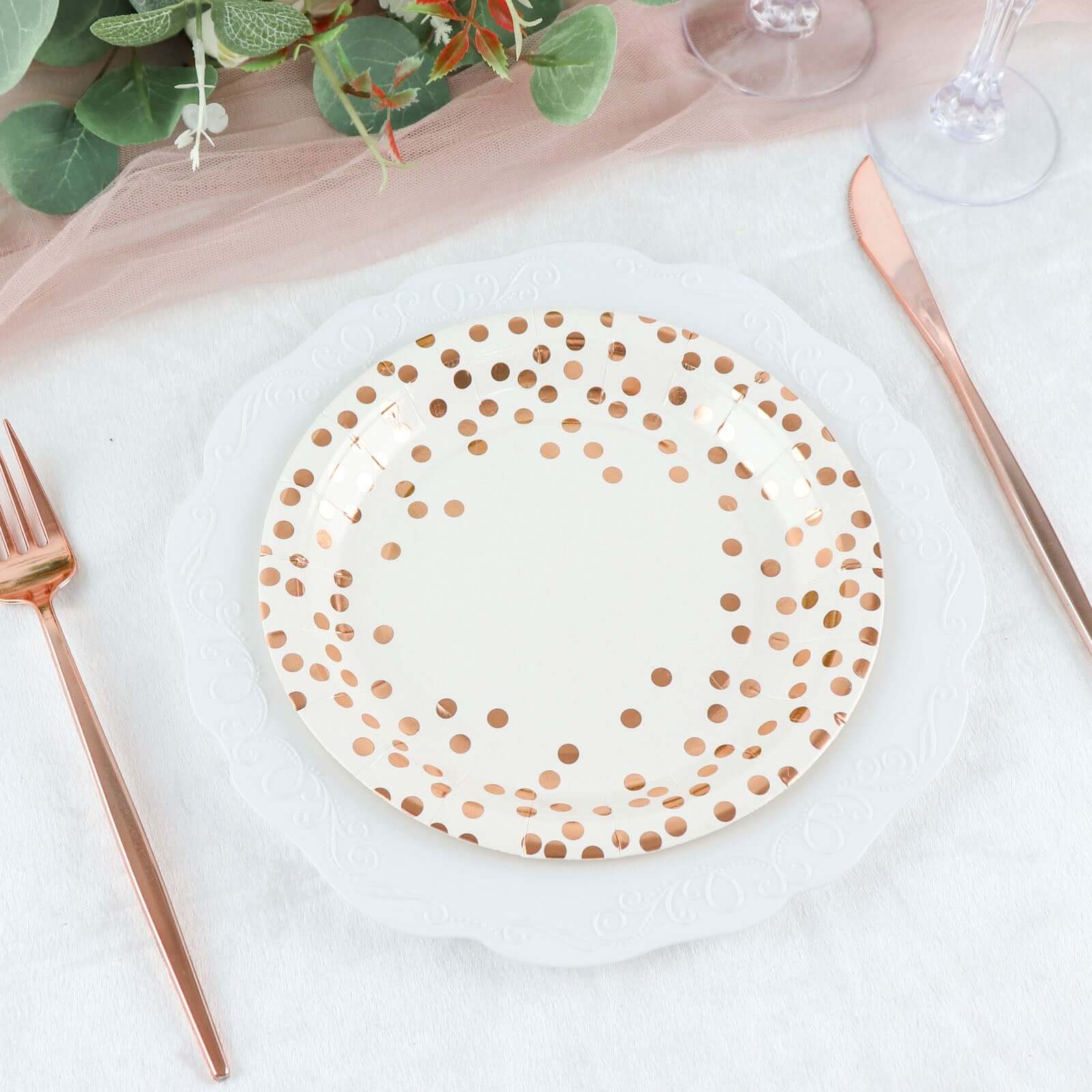 25 Pack 7 White Rose Gold Polka Dot Dessert Appetizer Paper Plates, Disposable Salad Party Plates - 300 GSM