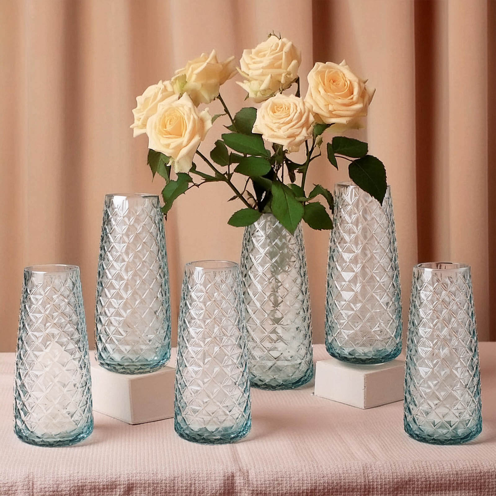 6-Pack Glass Urn Vases Clear with Diamond Crystal Cut Pattern - Stylish Decorative Design for Event Decor 8.5