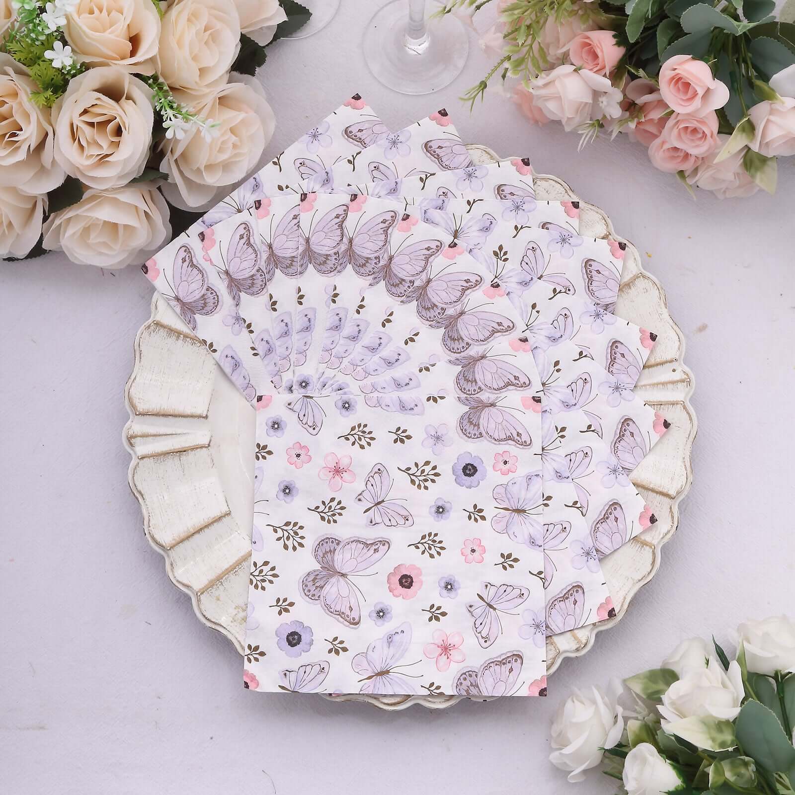 50-Pack Paper Beverage Napkins with Lavender Butterfly Floral Design Ivory - 2 Ply Soft 18GSM Garden Wedding Napkins 6.5x6.5