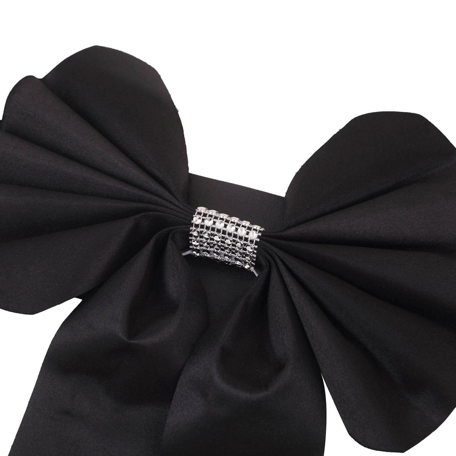 5 Pack Satin Faux Leather Chair Sashes Black - Durable Double Sided Pre-tied Bow Tie Chair Bands with Diamond Rhinestone Buckles Luxurious Party Decor