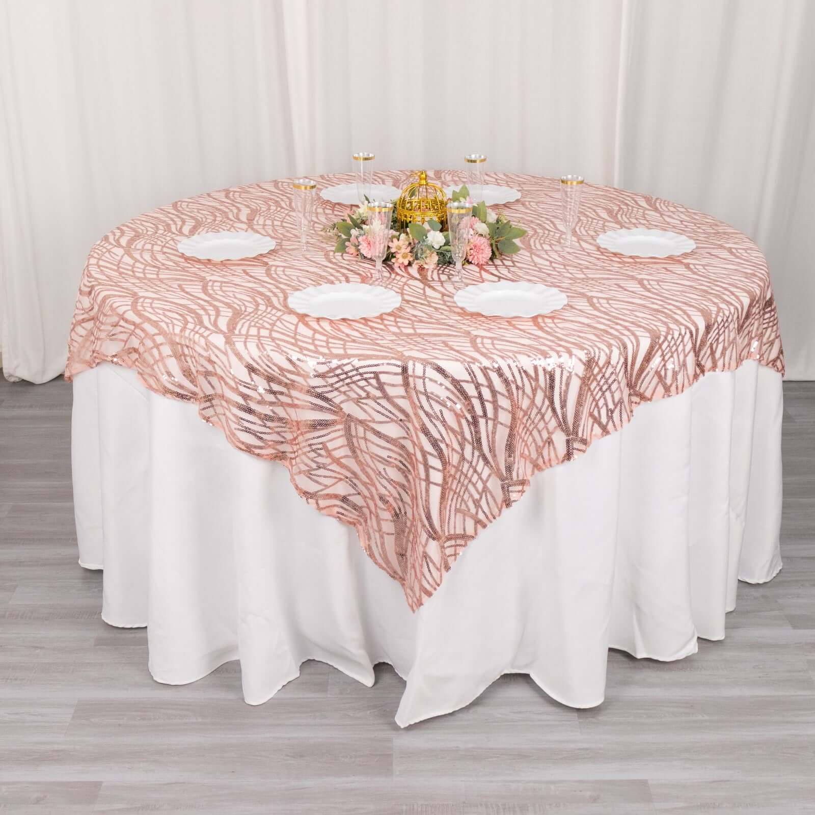 Mesh 72x72 Table Overlay Square Tablecloth Blush - Wave Embroidered Sequins Table Topper