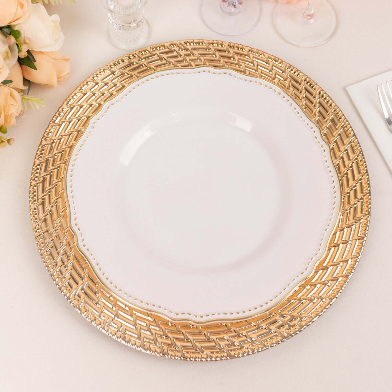 6-Pack Acrylic Round Charger Plates 13 in Metallic Gold with Swirl Rattan Pattern, Farmhouse Plastic Charger Tableware