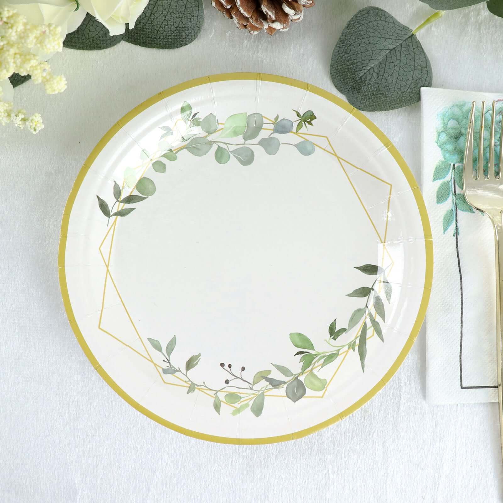 24-Pack Paper 7 Round Dessert Plates in White with Eucalyptus Leaves & Gold Rim - Disposable 300GSM Salad Plates for Garden Weddings & Celebrations