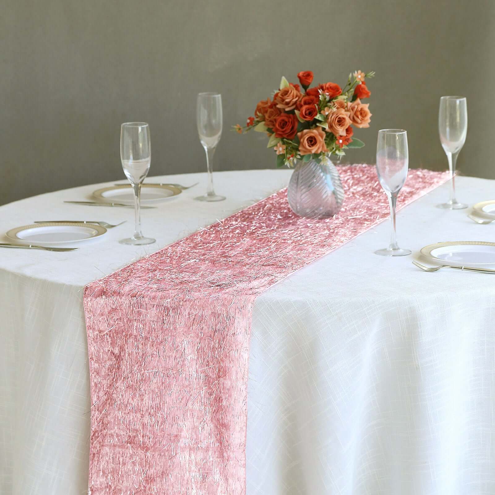 Metallic Tinsel Polyester 12x108 Table Runner Rose Gold - Shimmery Fringe Shag Table Decor