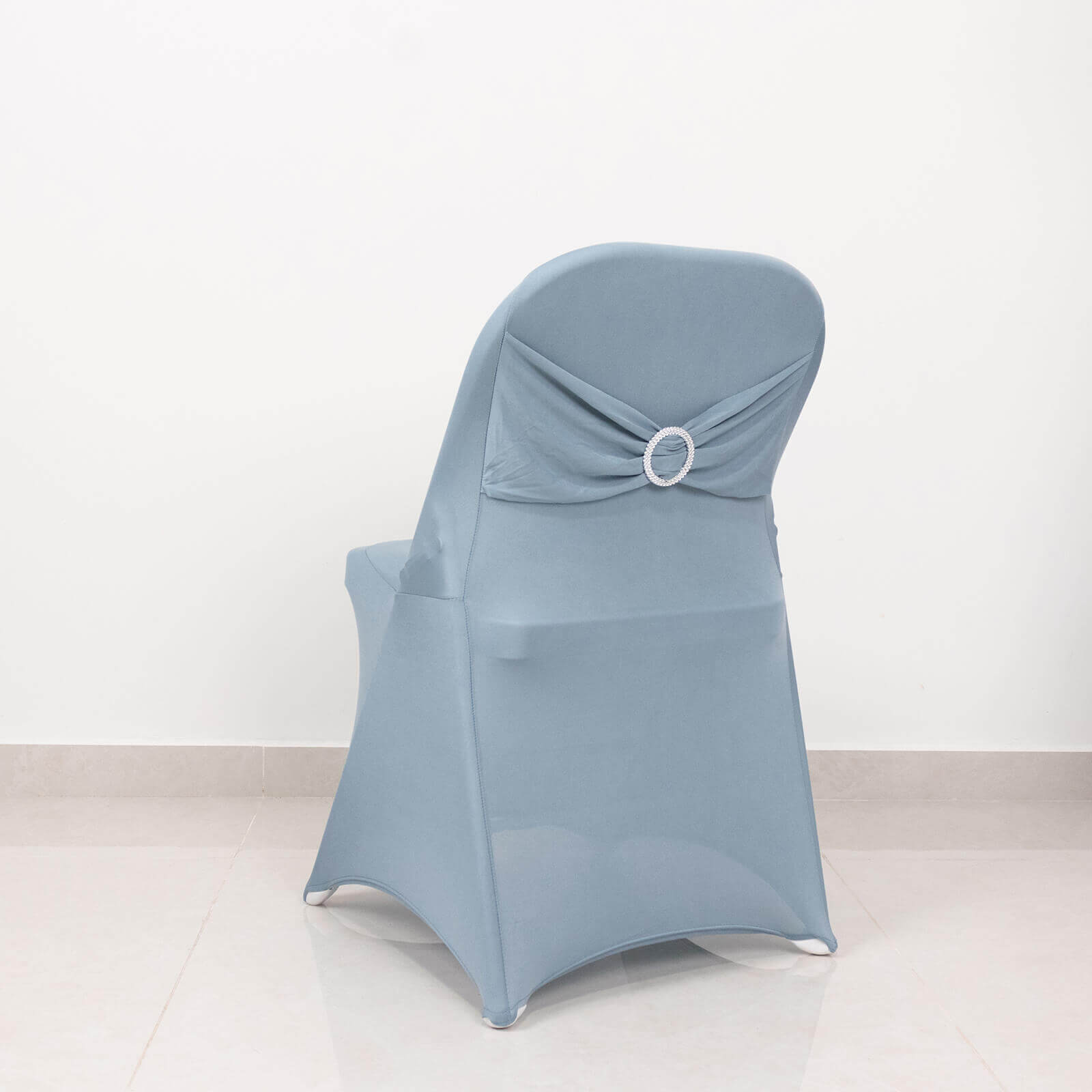 Stretch Spandex Chair Cover Dusty Blue for Folding Chairs - Secure Fit Slipcover with Silver Rhinestone Buckled Sash Band