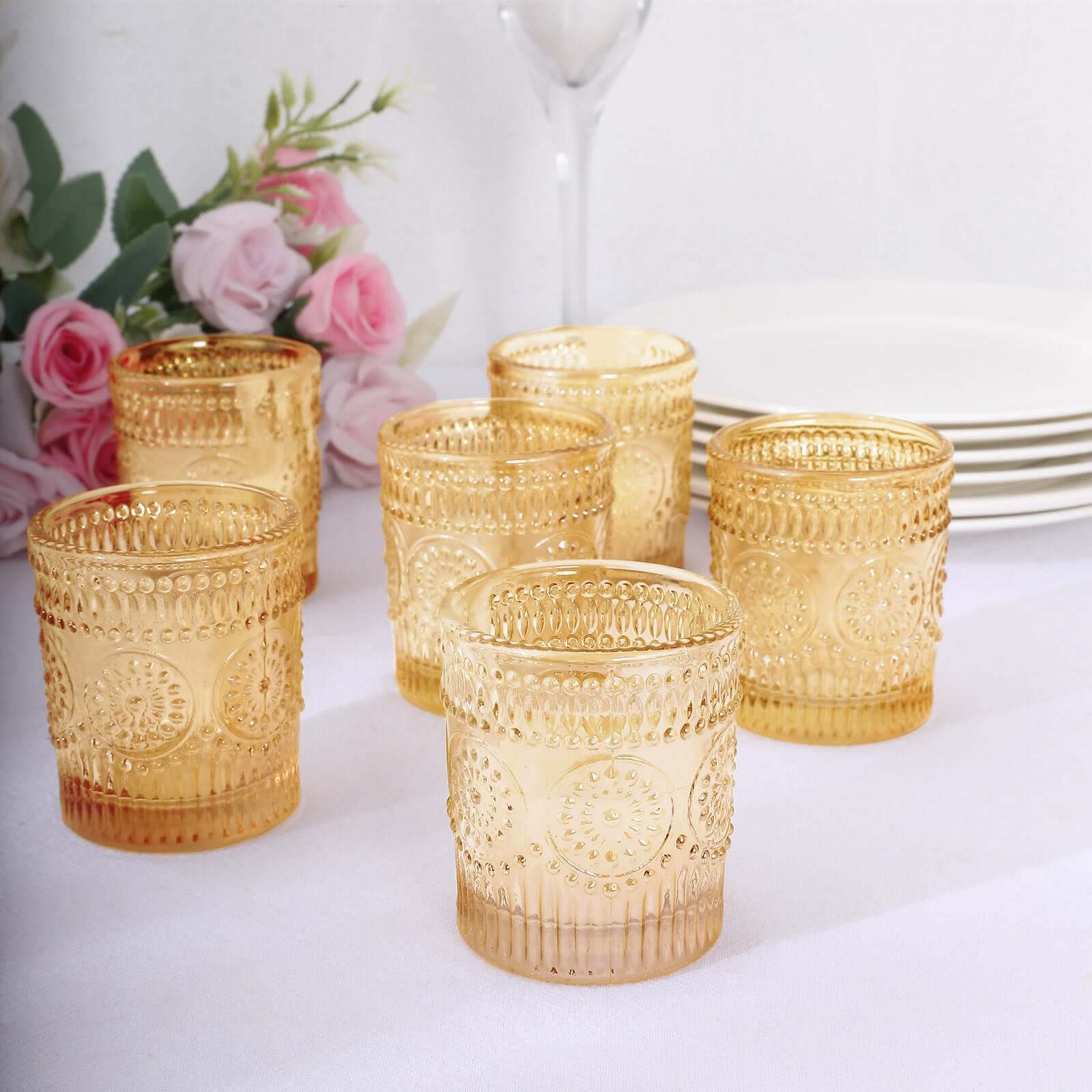 6-Pack Glass Candle Holders Amber Gold Primrose Design - Votive Tealight Holders for Weddings