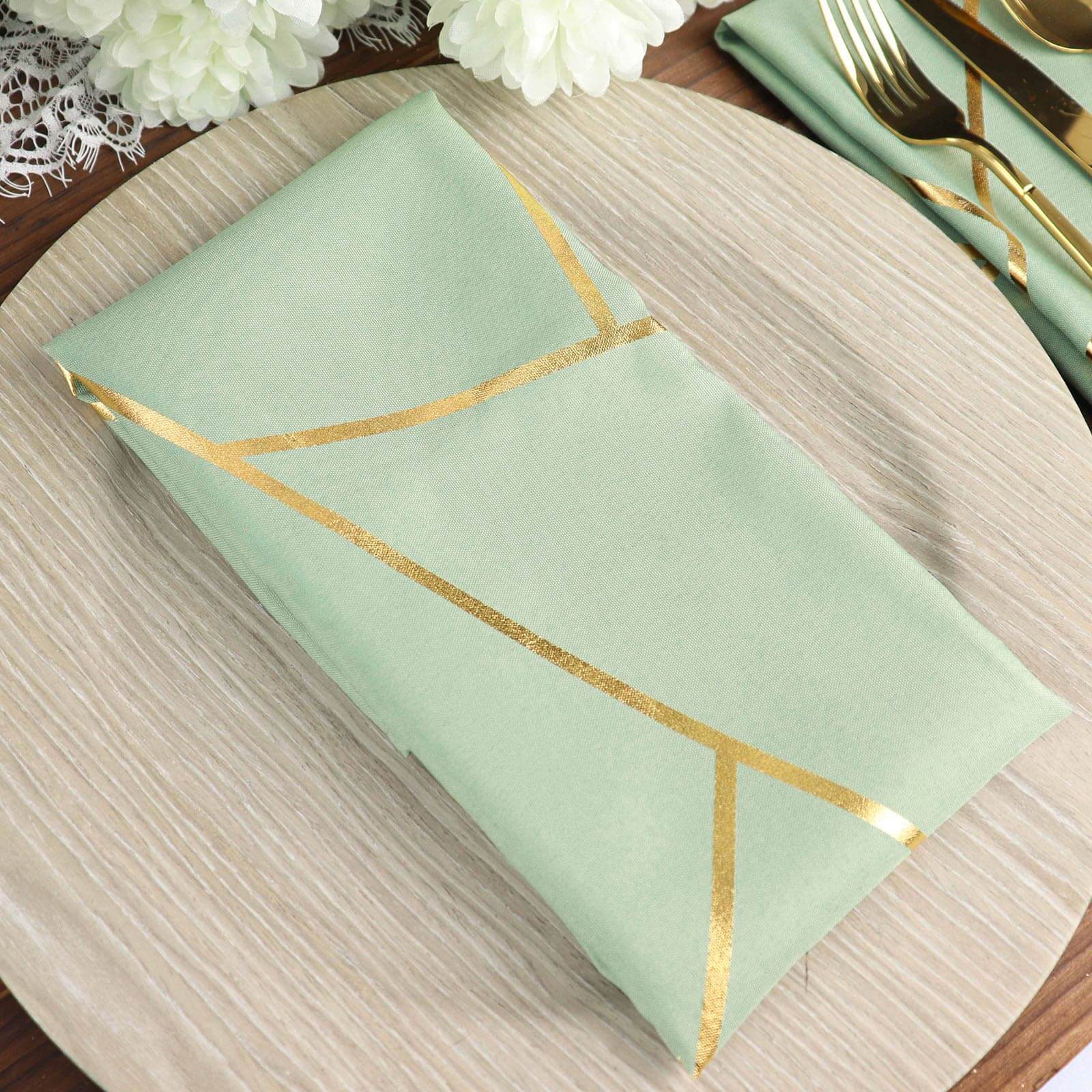 5 Pack Polyester 20x20 Napkins Sage Green with Gold Geometric Foil Pattern - Modern Reusable Dinner Napkins
