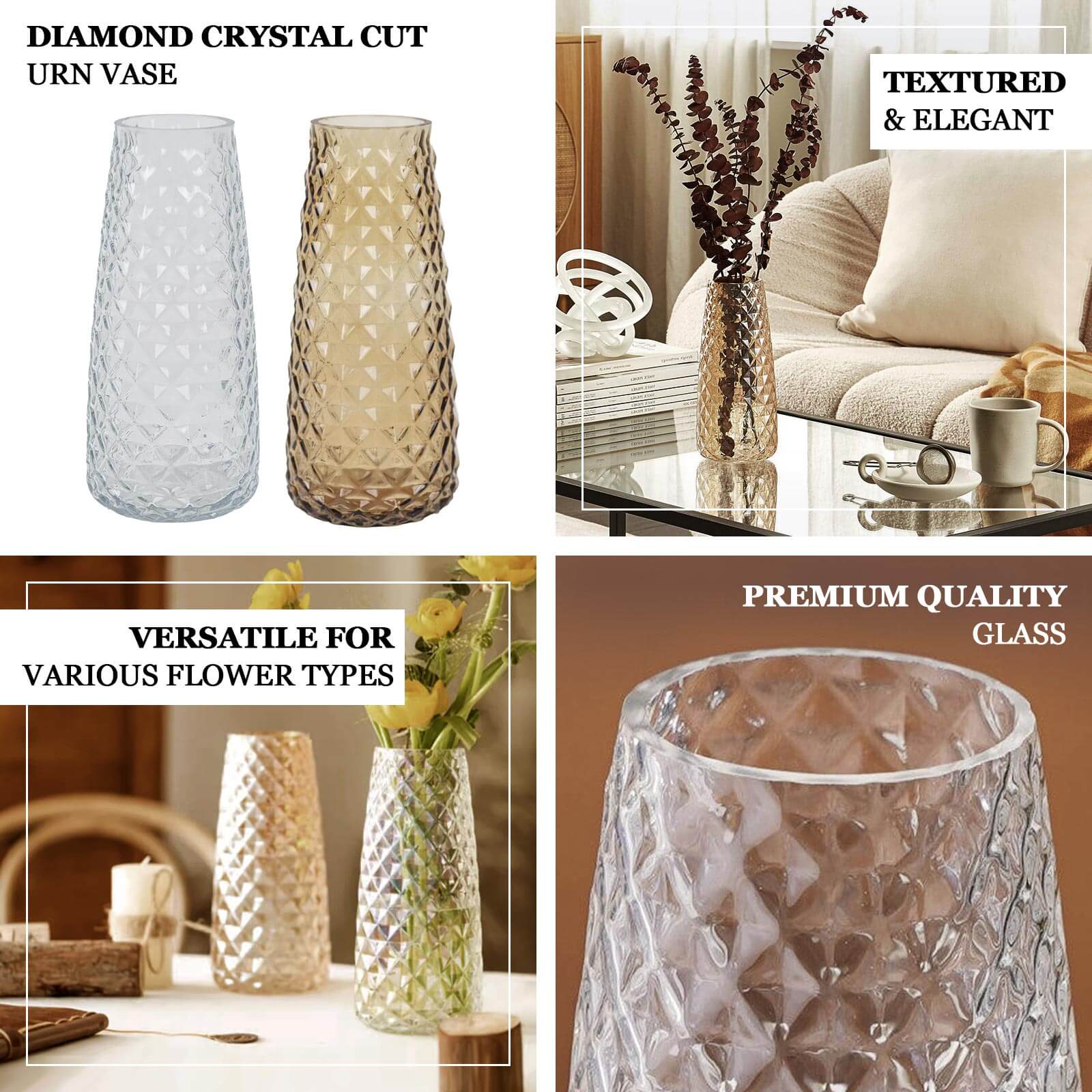 6-Pack Glass Urn Vases Amber Gold with Diamond Crystal Cut Pattern - Stylish Decorative Design for Event Decor 8.5