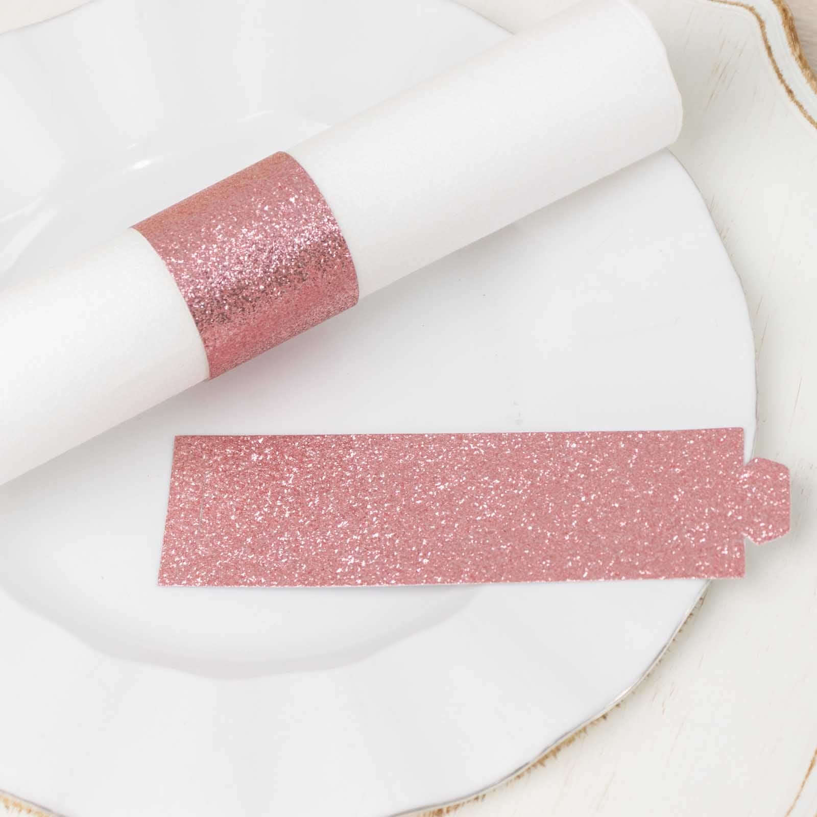 50-Pack Paper Napkin Rings Rose Gold Glitter - Stylish Disposable Napkin Holders 1.5