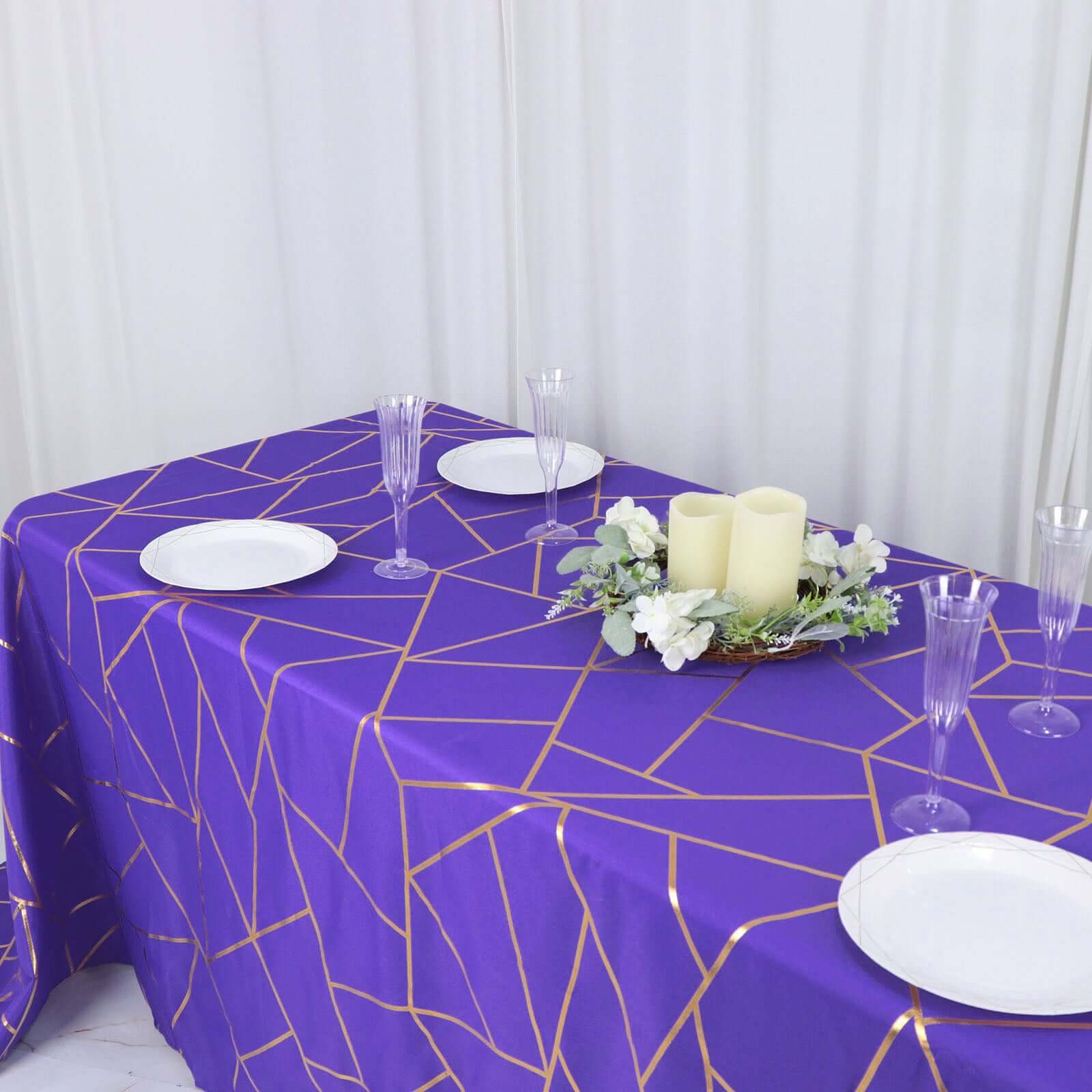 Polyester 90x132 Rectangle Tablecloth Purple Seamless with Gold Foil Geometric Pattern - Wrinkle-Resistant Seamless Table Cover