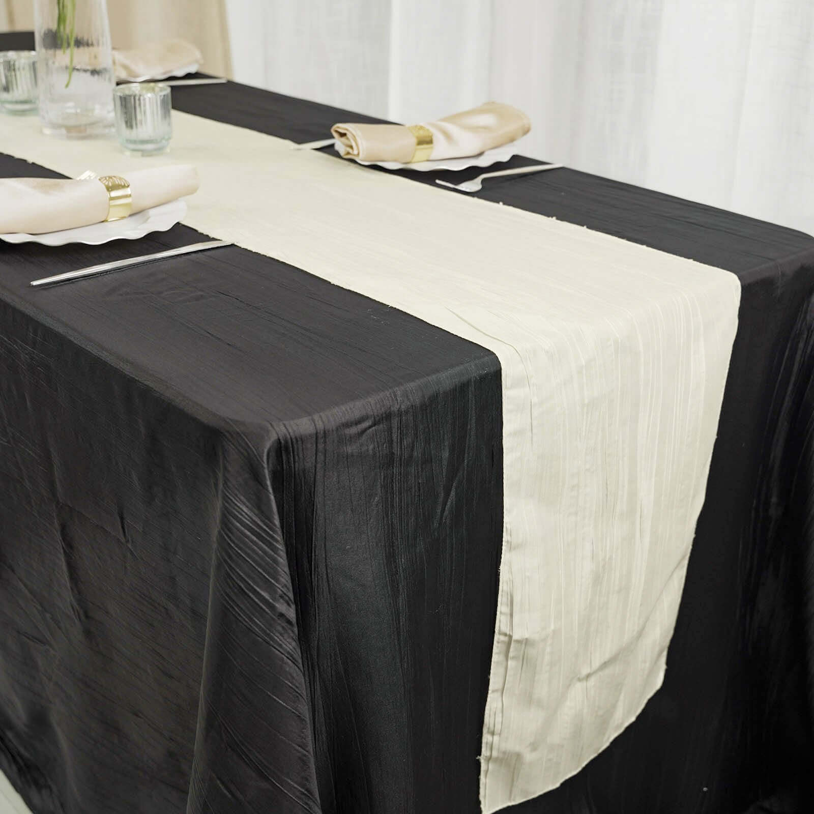 Taffeta 12x108 Table Runner Ivory - Accordion Crinkle Design