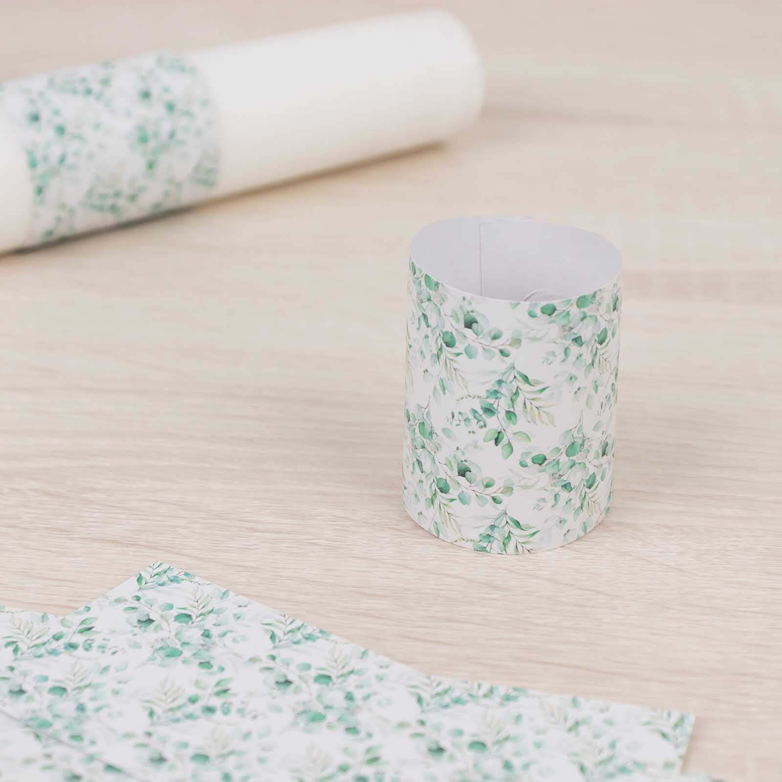 50 Pack White Green Paper Napkin Holder Bands with Eucalyptus Leaves, Disposable Napkin Rings - 1.5