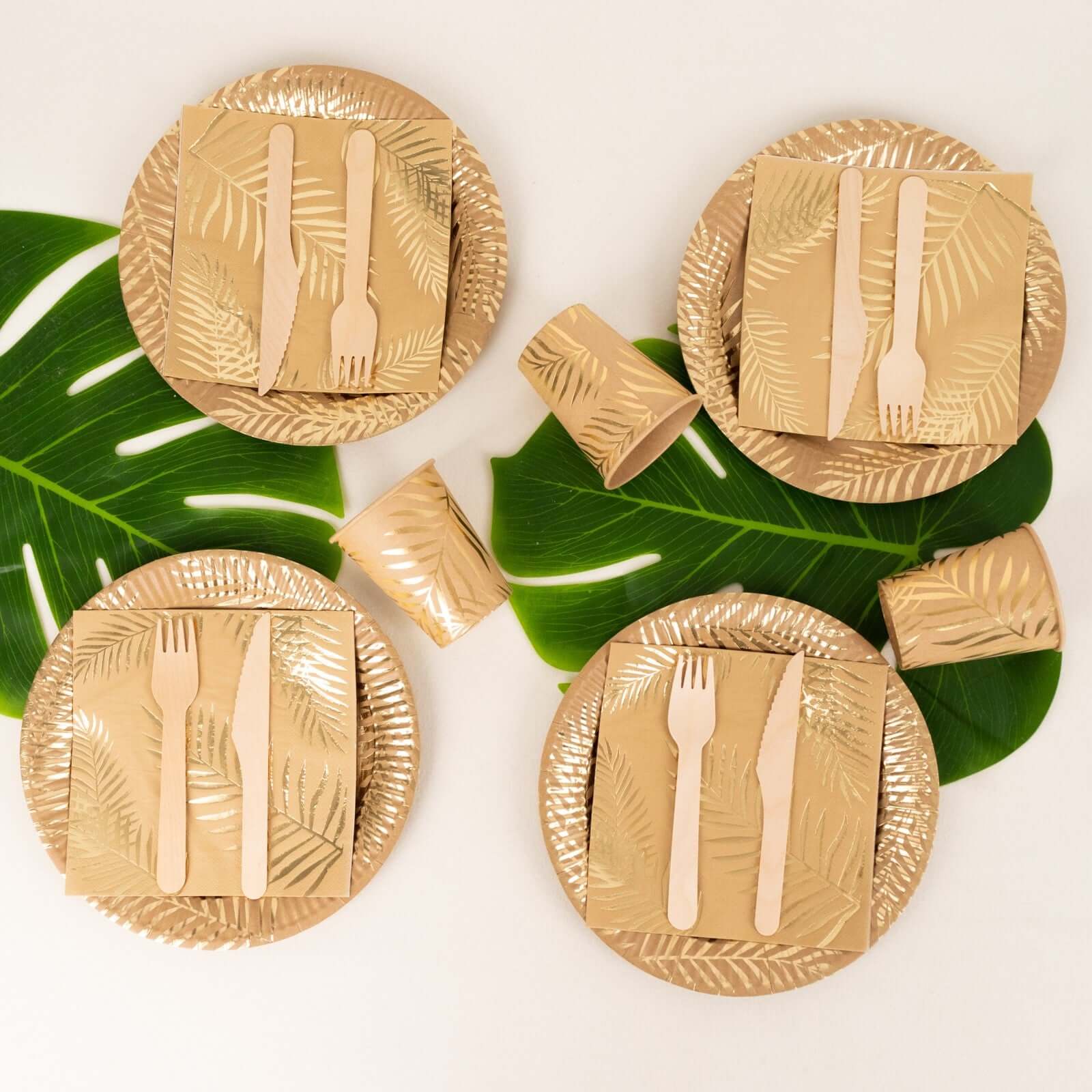 72 Pcs Paper Dinnerware Set with Gold Foil Palm Leaves Print Natural - Disposable Tableware Combo-Pack with Plates and Cups