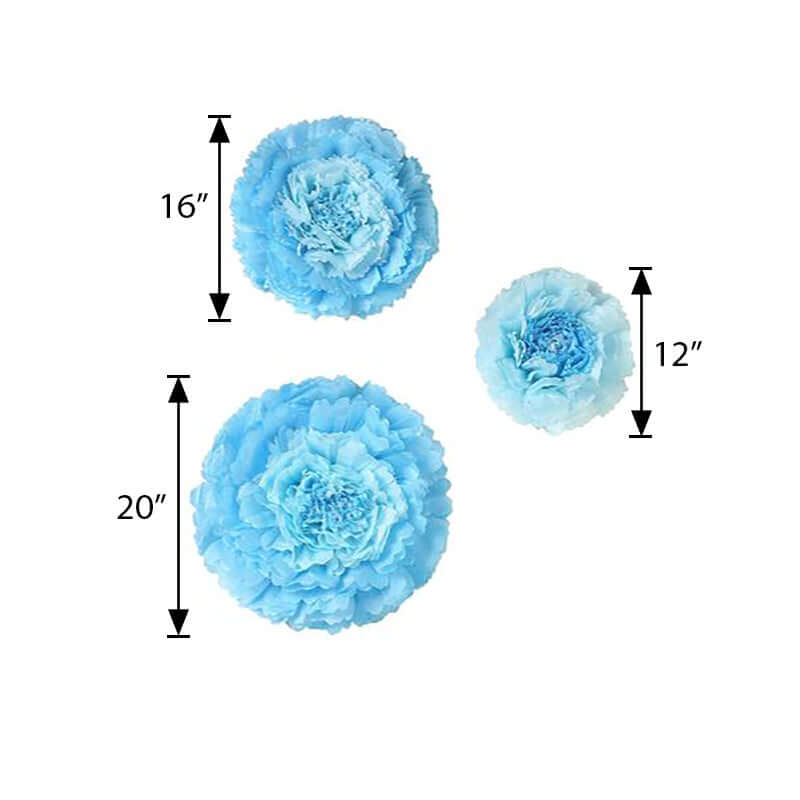 Set of 6 Aqua Blue Giant Carnation 3D Paper Flowers Wall Decor - 12,16,20