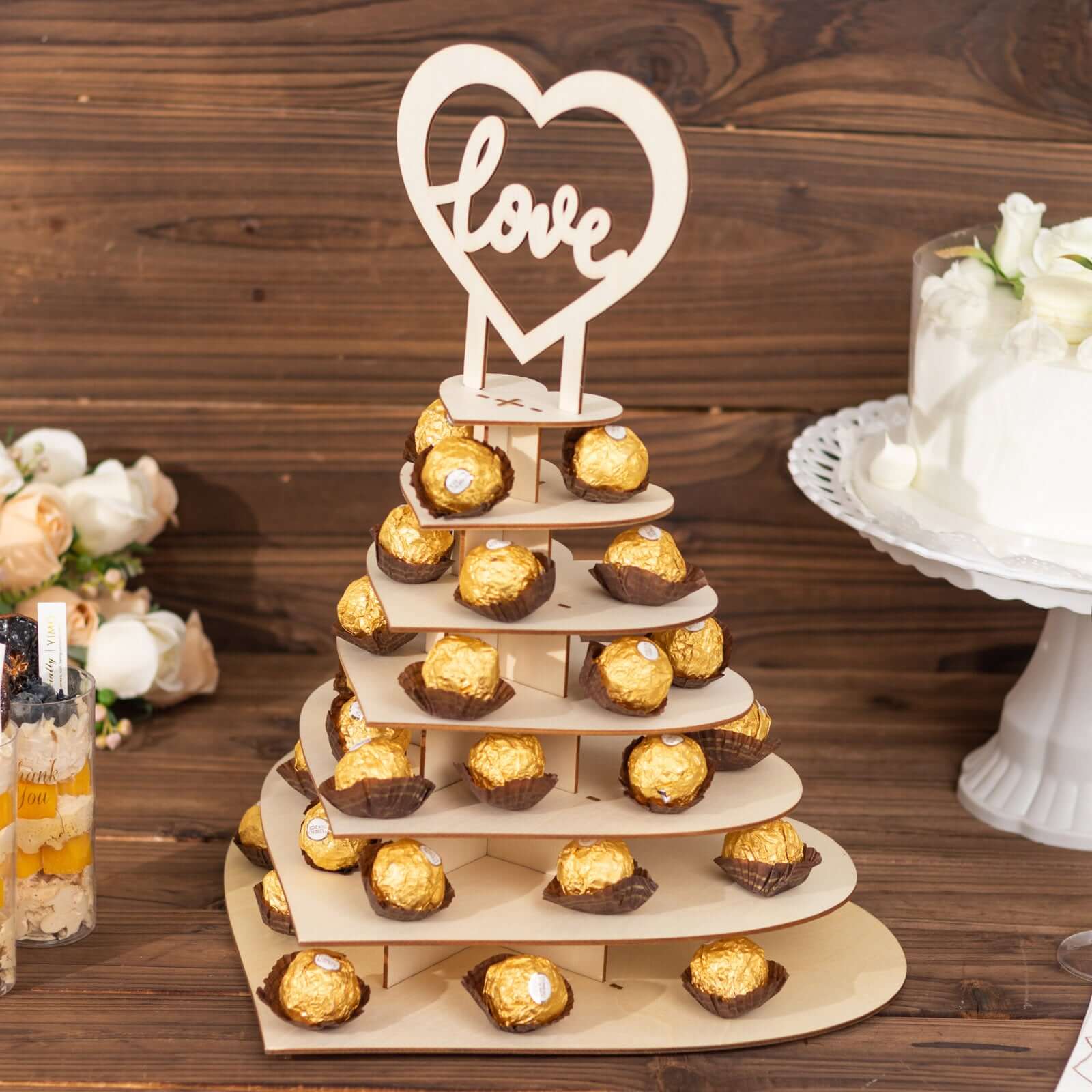 7-Tier Wooden Chocolate Display Stand Heart Shape Natural with Love Topper - DIY Dessert Table Tower Rack 16