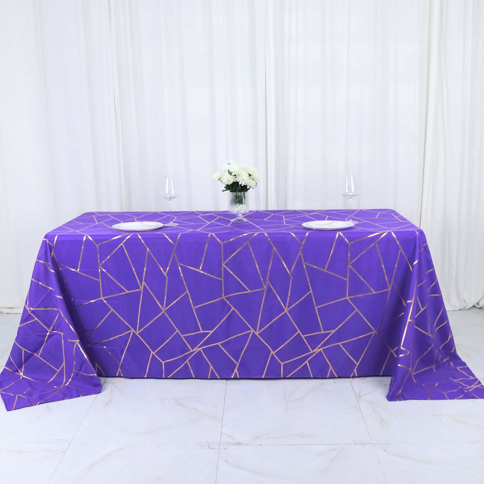 Polyester 90x132 Rectangle Tablecloth Purple Seamless with Gold Foil Geometric Pattern - Wrinkle-Resistant Seamless Table Cover