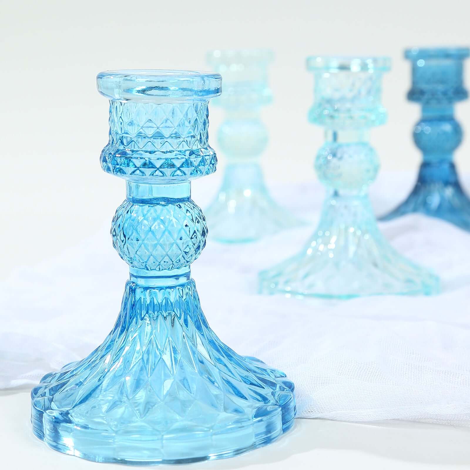 6-Pack Glass Taper Candlestick Holders Diamond Pattern Design Assorted Blue - Reversible Crystal Pillar Votive Stands 4