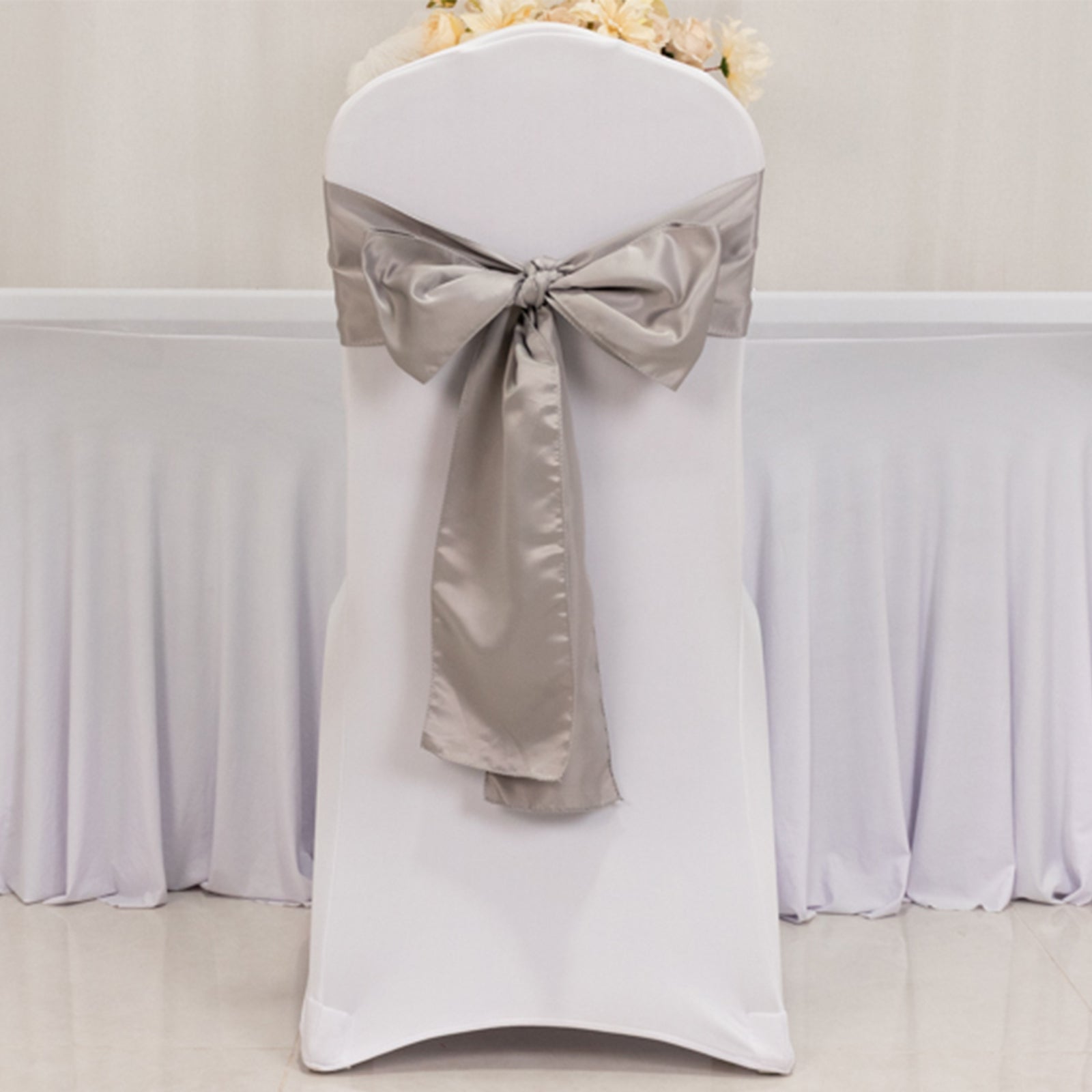 5 Pack Lamour Satin 6x106 Chair Sashes Silver - Stylish Reusable Decorative Bows