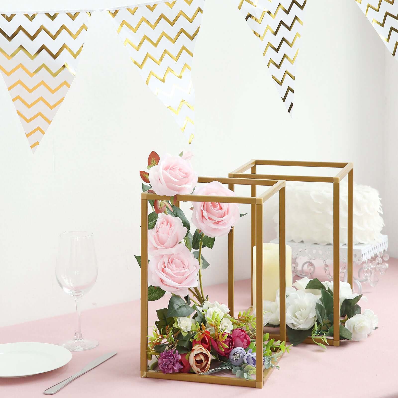 2-Pack Wedding Flower Stand Gold Metal Geometric Column Frame Rectangular - Versatile Floral Pedestal for Sophisticated Arrangements 12