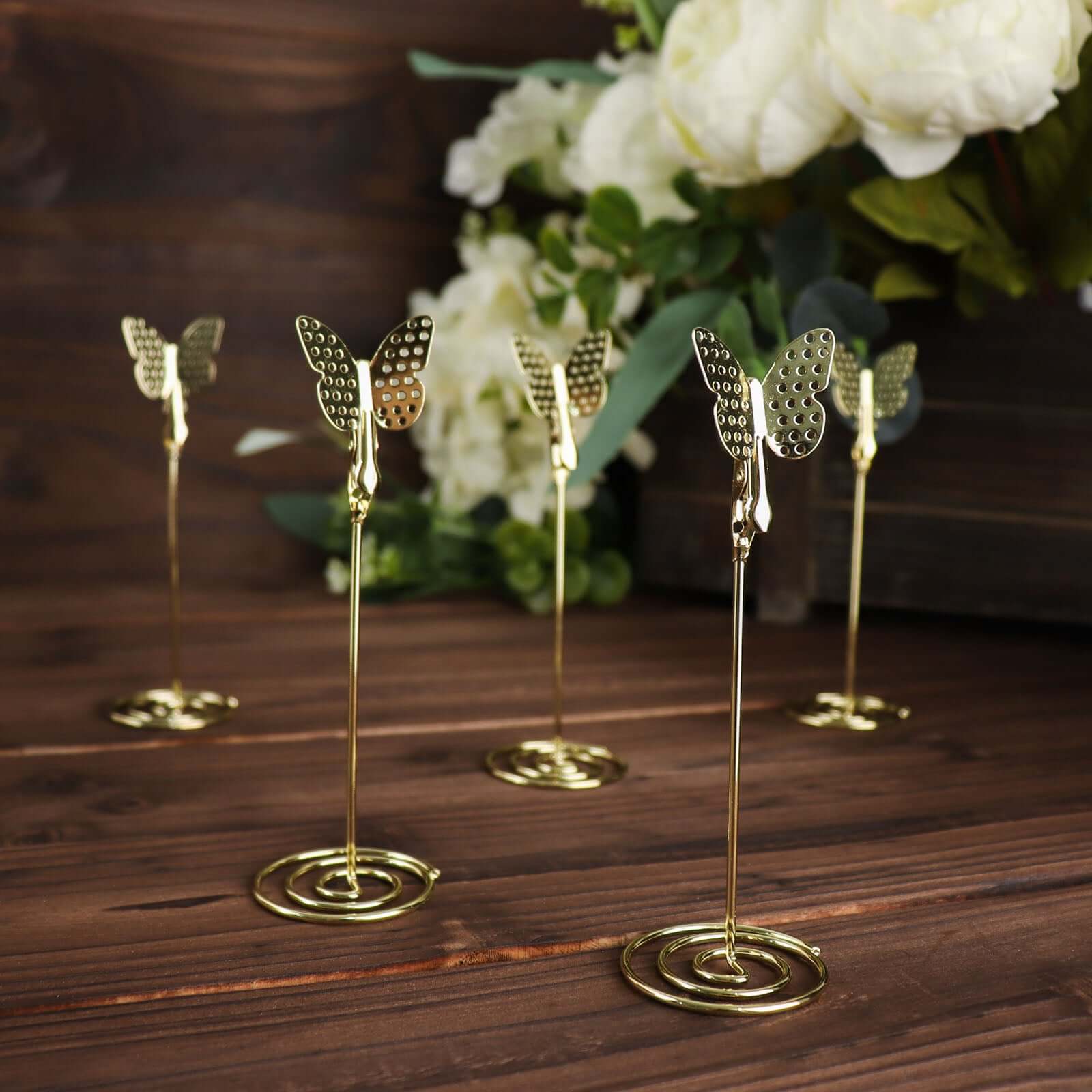 5-Pack Metal Place Card Holders Gold - Modern Table Number Stands with Whimsical Butterfly Clips & Spiral Base for Signs Memos Photos Menus 5