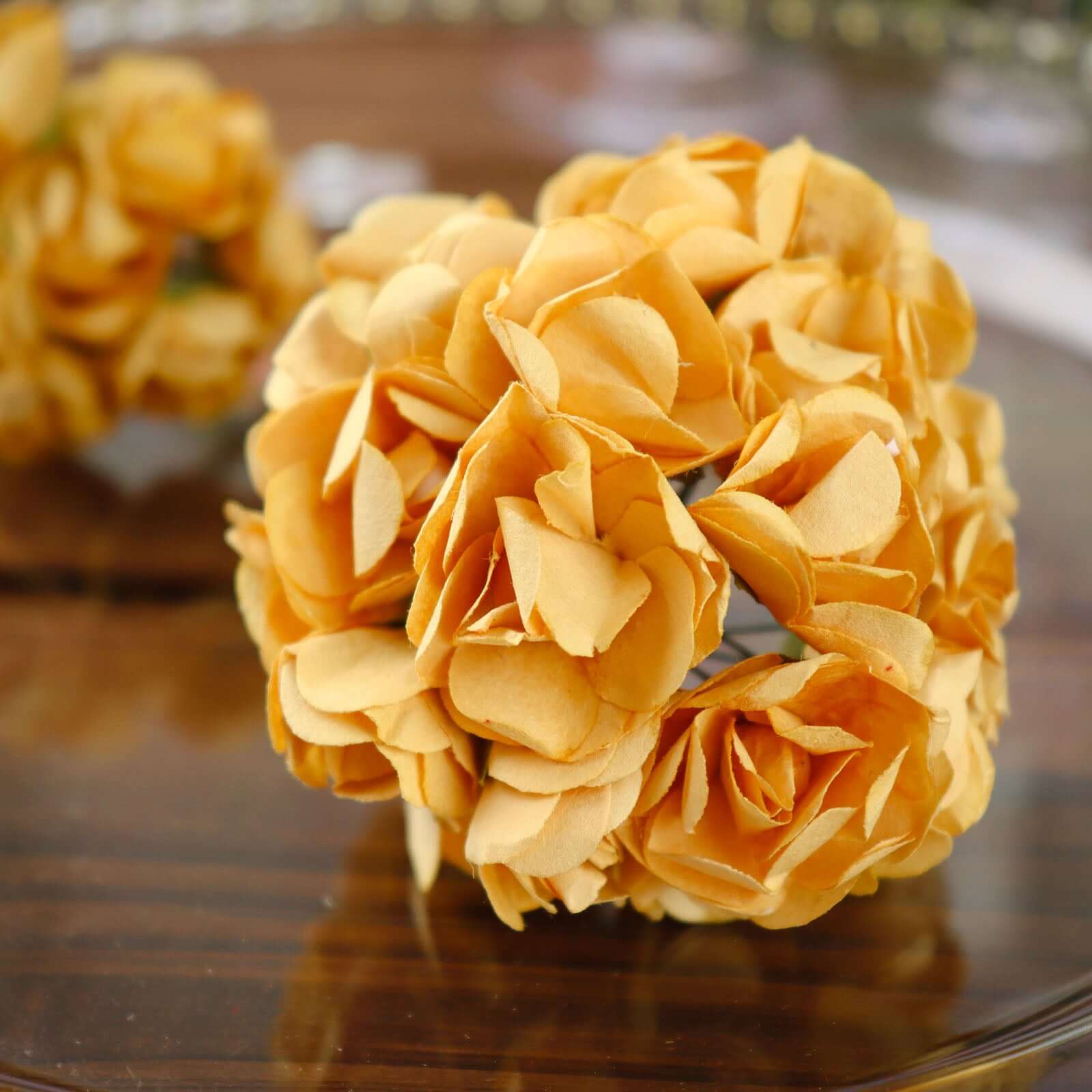 144 Gold Paper Mini Craft Flower Roses, DIY Flower Bushes With Wire Stems