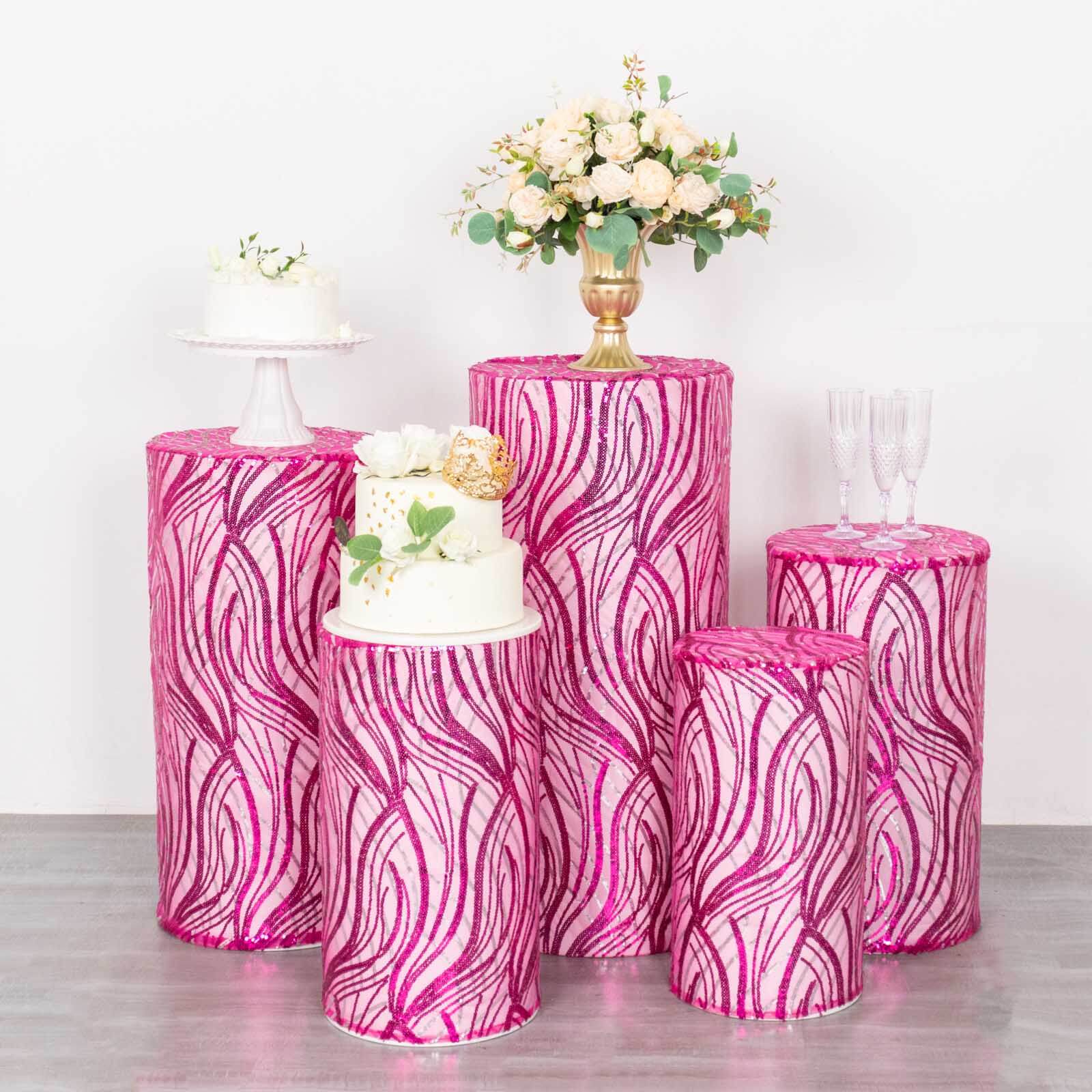 Set of 5 Fuchsia Wave Mesh Cylinder Pedestal Stand Covers with Embroidered Sequins, Pillar Prop Covers - 160 GSM